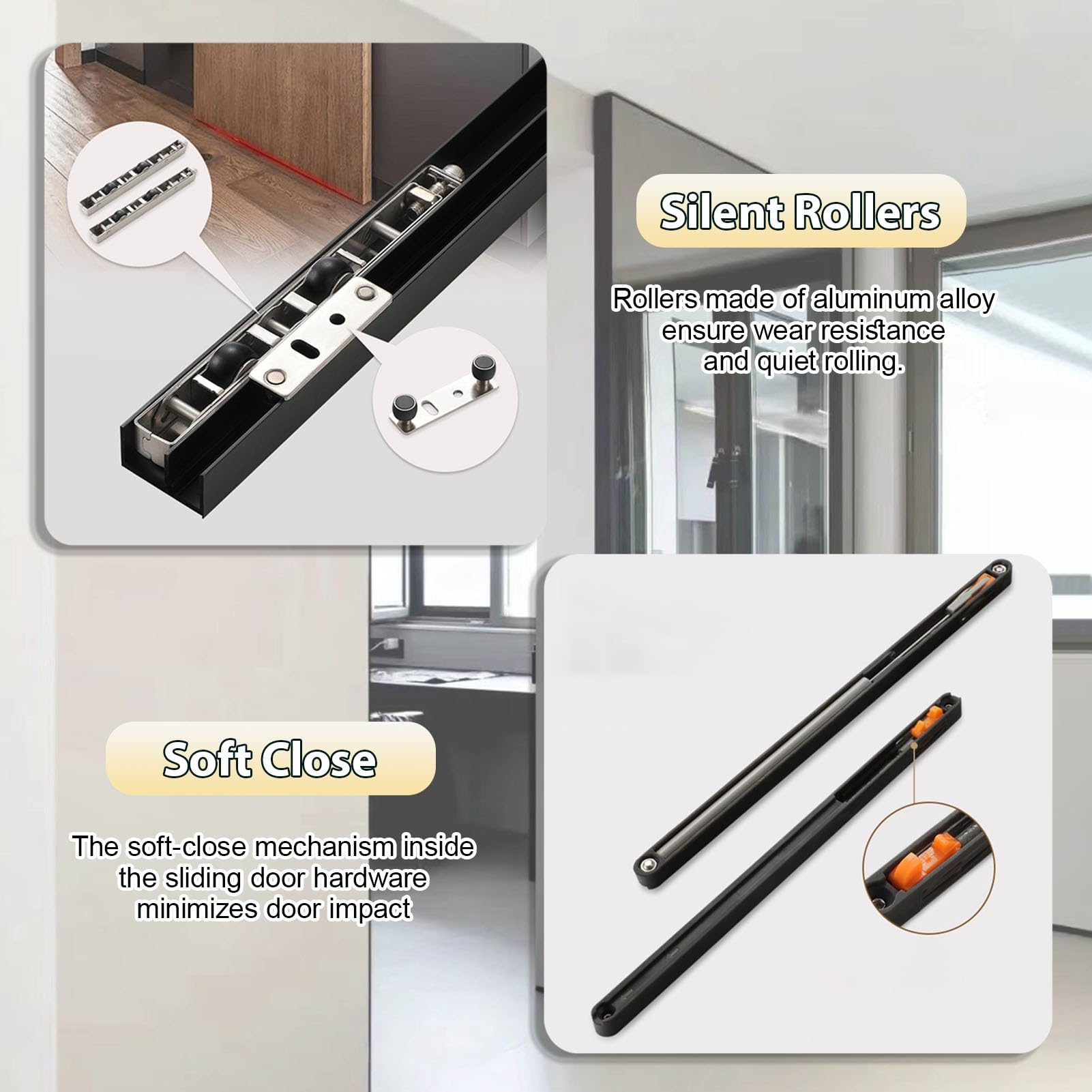 Kit Puerta Corredera Riel Invisible de Alta Resistencia para Puertas con Espejo, Kit de Herrajes Invisibles con Ruedas para Puertas Correderas, Guías de Cierre Suave(0.8m/2.6 ft)