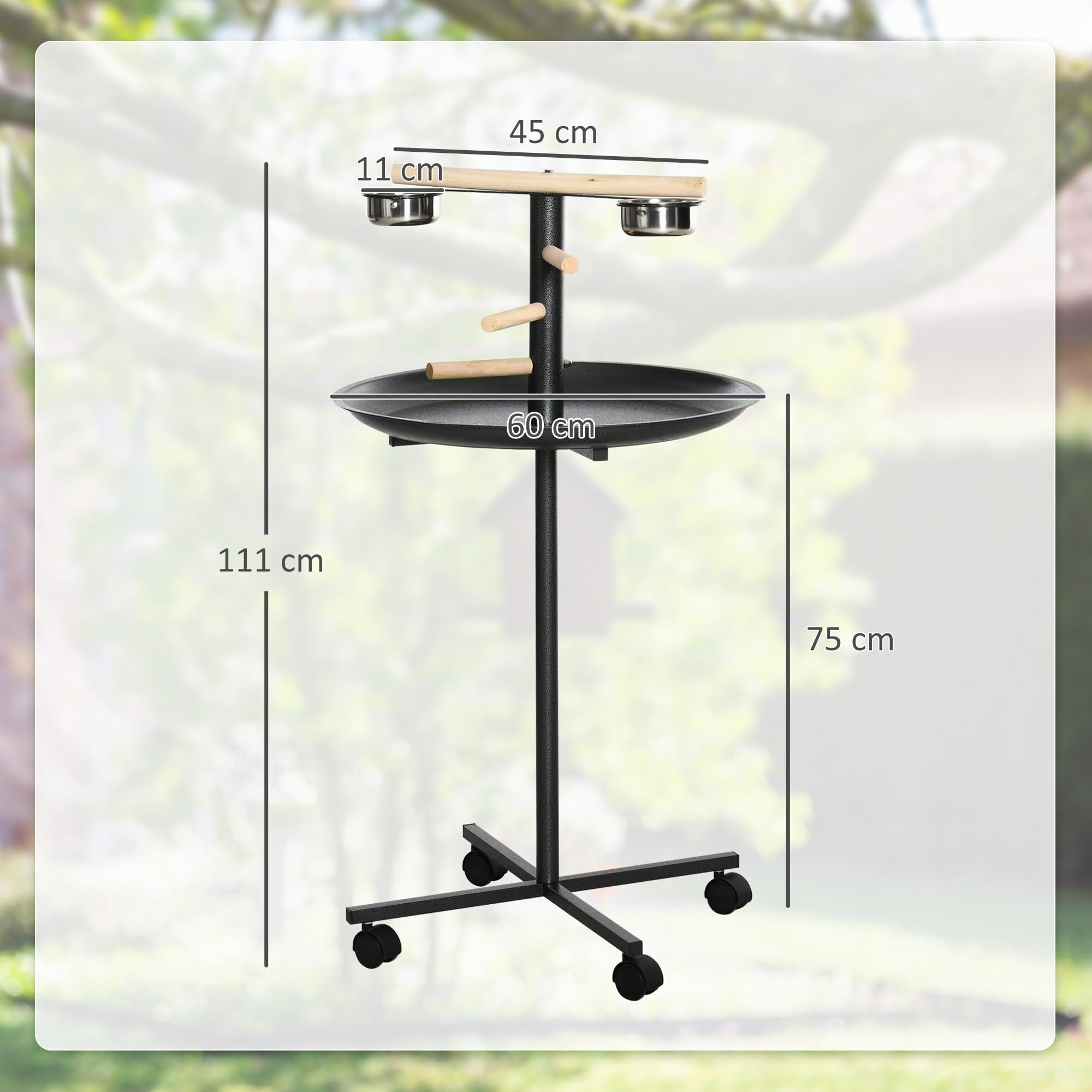 PawHut Perchoir Perroquet Mangeoire à Oiseaux sur Pied Ø 60 x 111 cm Gris | 4 Roulettes, Barres en Bois, 2 Mangeoires en Acier Inoxydable, Plateau Rond à Bords Hauts