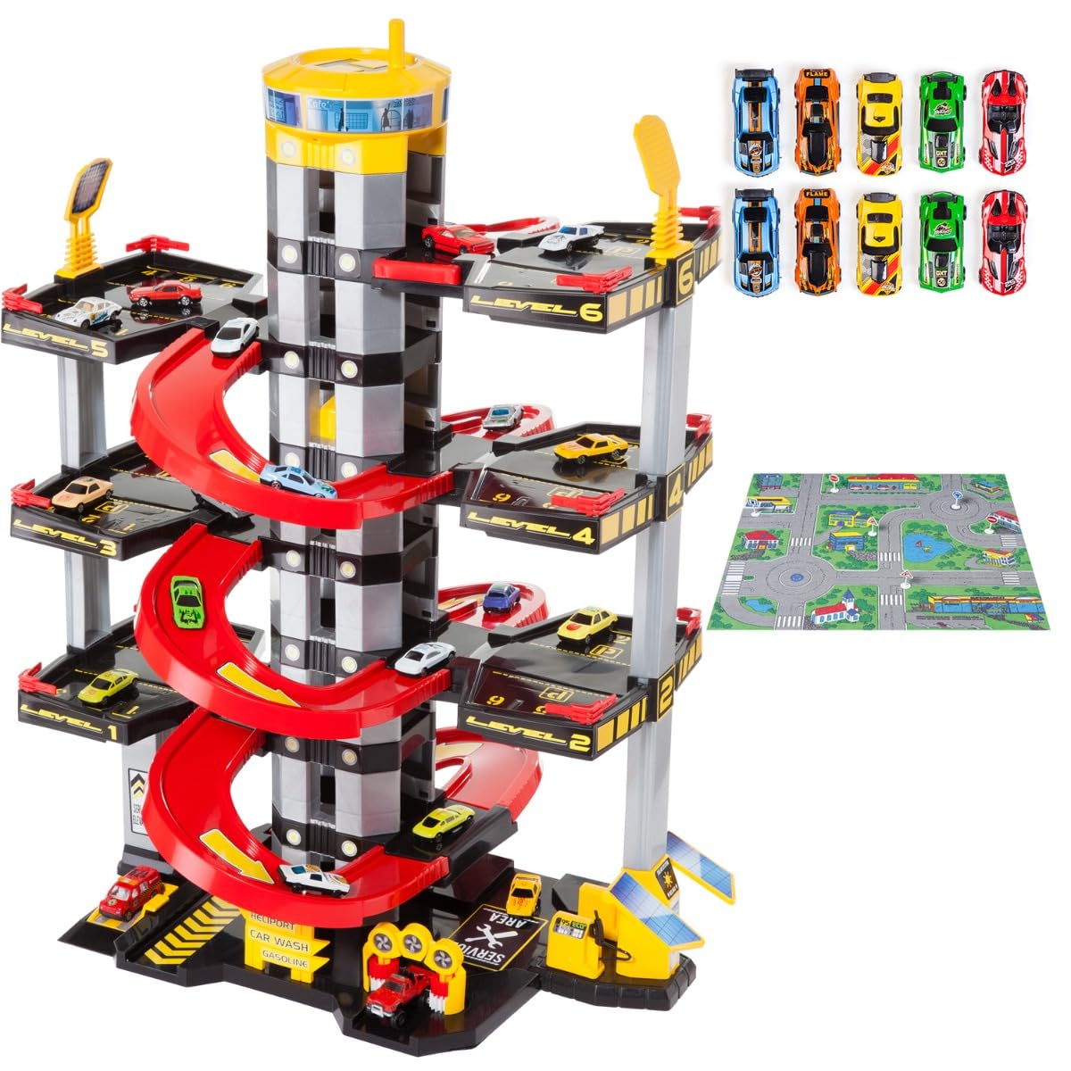 MOLTO | Parcheggio d'infanzia di 7 piani con garage, rampe, lavanderia, ascensore, stazione di benzina e area unta | Include 10 auto + accesori | Giocattoli educativi per bambini | + 3 anni