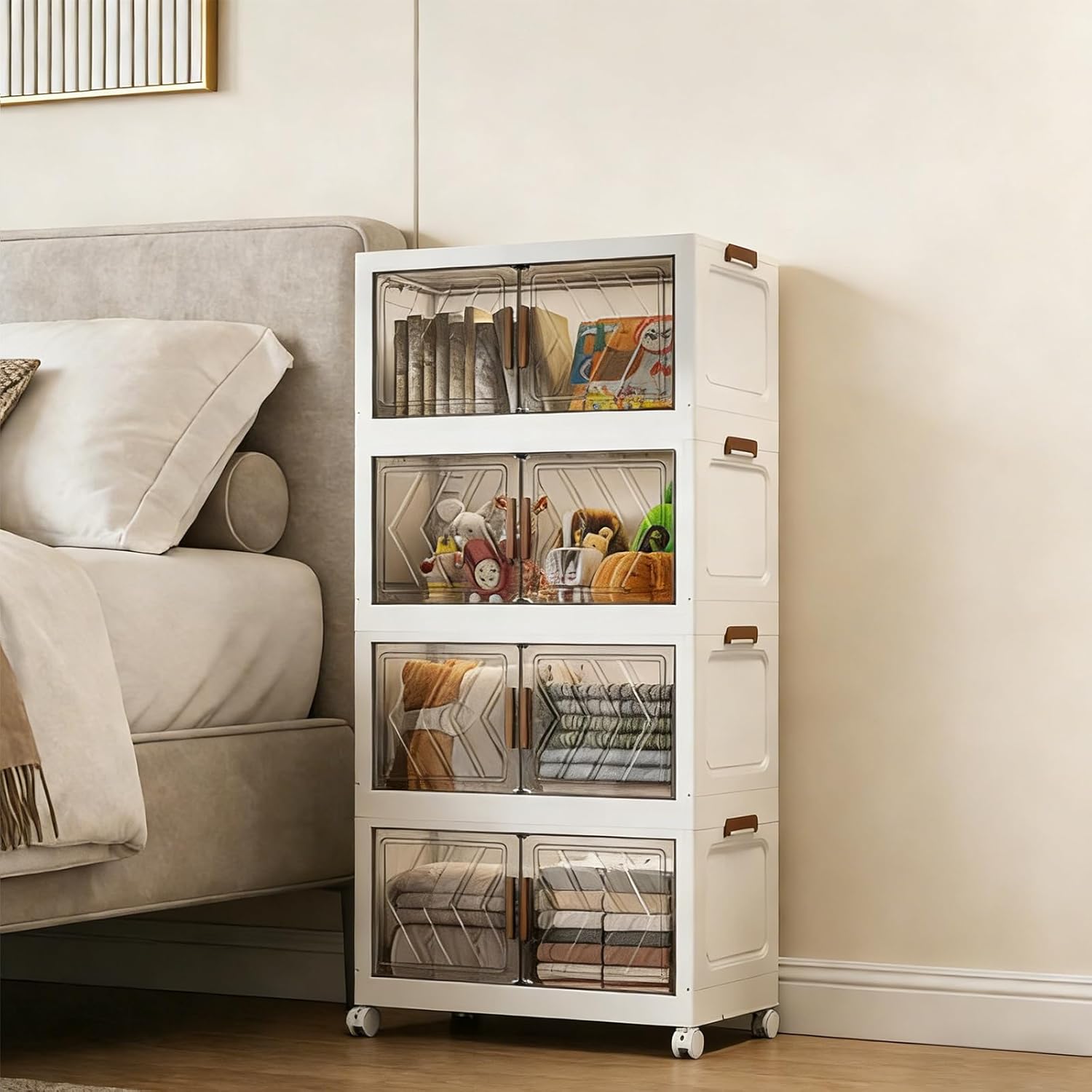 83QT Stackable Storage Bins with Lids & Door - 4-Tier Plastic Storage Cabinet with Wheels, Foldable Storage Containers, Space-Saving Storage Box for Living Rooms, and Offices