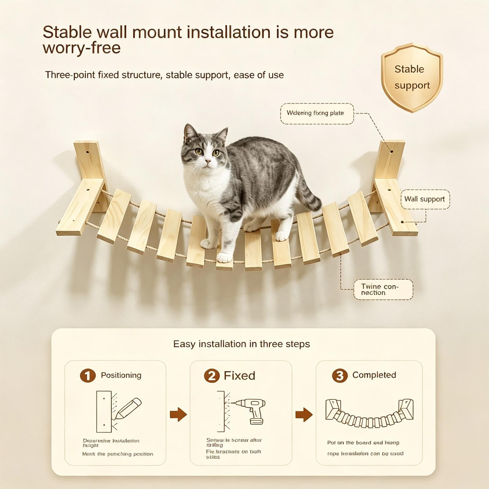 Wall Mounted Cat Bridge - Wooden Activity Center, Indoor Kitten Climbing