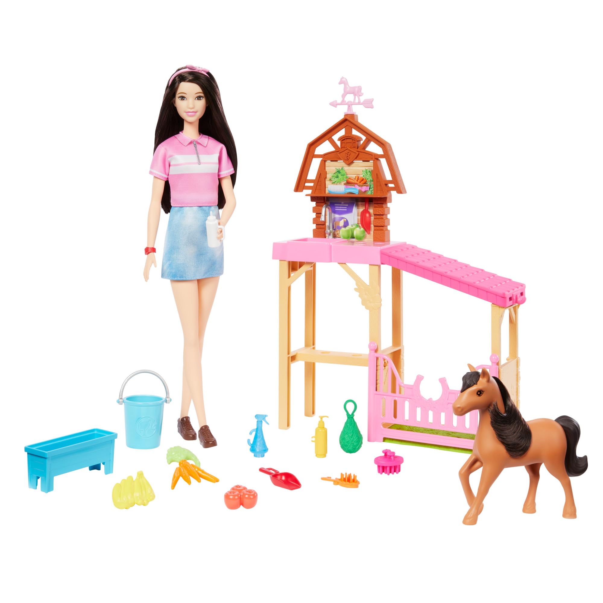 Barbie Misterios: En Busca de la Yegua Perdida Renee con establo, Muñeca con camiseta rosa y set de juego con poni y accesorios de granja, inspirado en la serie, +​3 años, HXJ40