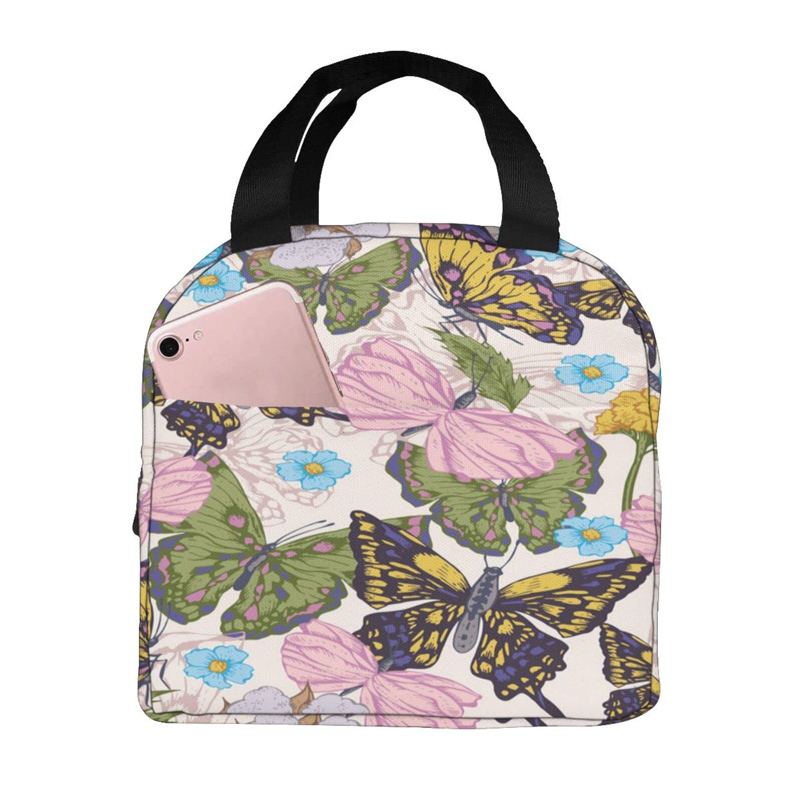 Flower Butterfly Lunch Bag for Kids Insulated Lunch Bags for Women Men Tote Bags Portable Lunch Cooler Bag for School Work