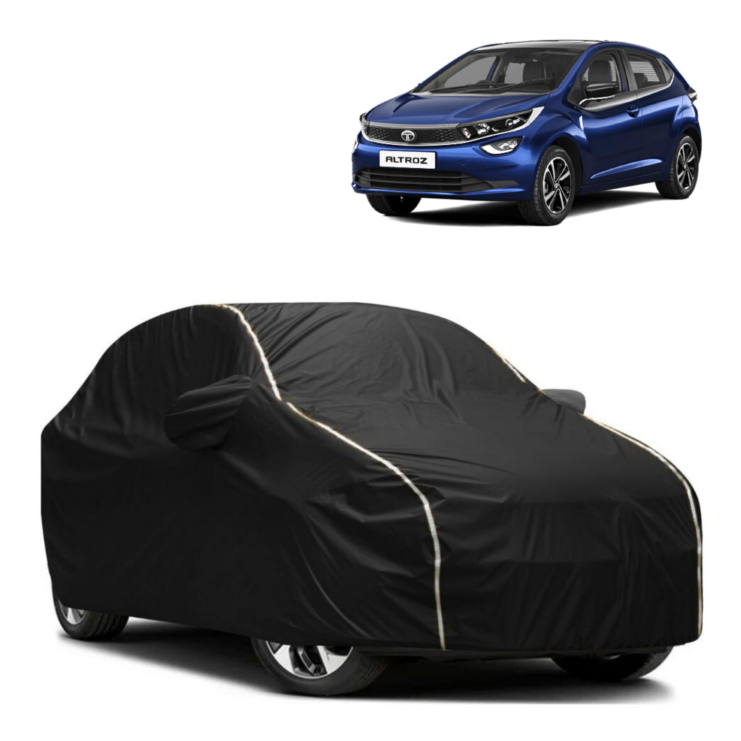 FAVY All Weather Proof Car Cover for TATA Altroz Black with White Piping Triple Stitched Elastic Bottom Durable Protection for Vehicles Universal Fit