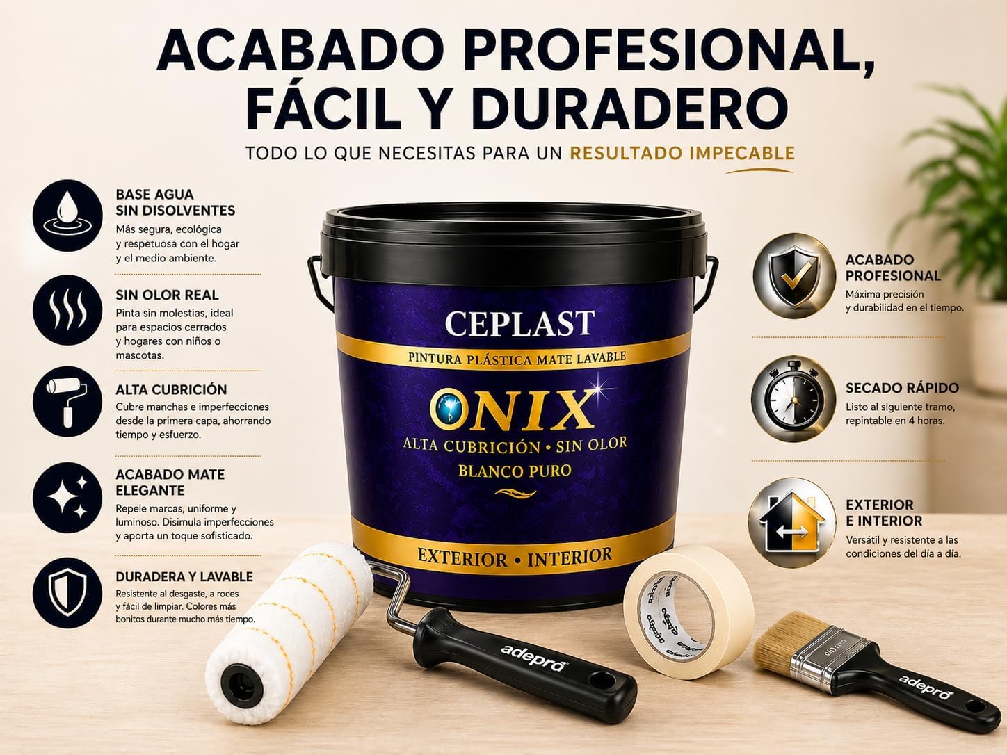 CEPLAST Kit Completo de Pintura ONIX Blanco 4L para Interior – Sin Olor, Alta Cobertura, con Rodillo, Cubeta, Papel Kraft y Accesorios para Pintar Casa Fácil