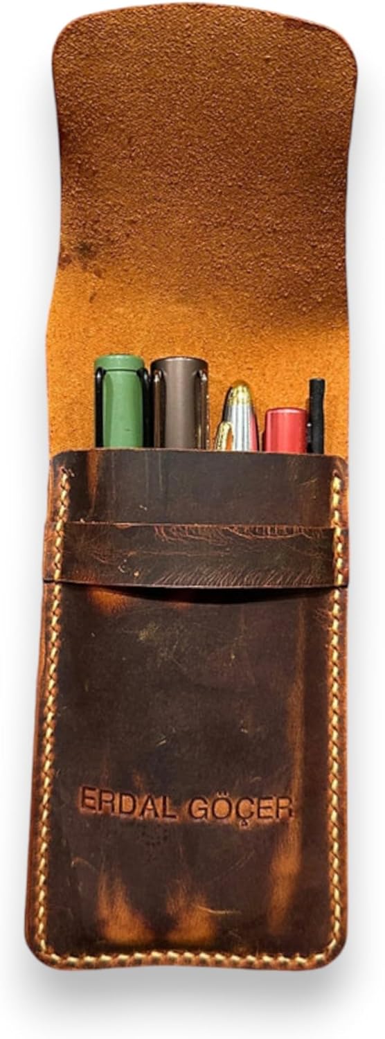 Handmade Leather Pencil Case, Flip Design, 4-5 Pen Capacity, Brown Vintage