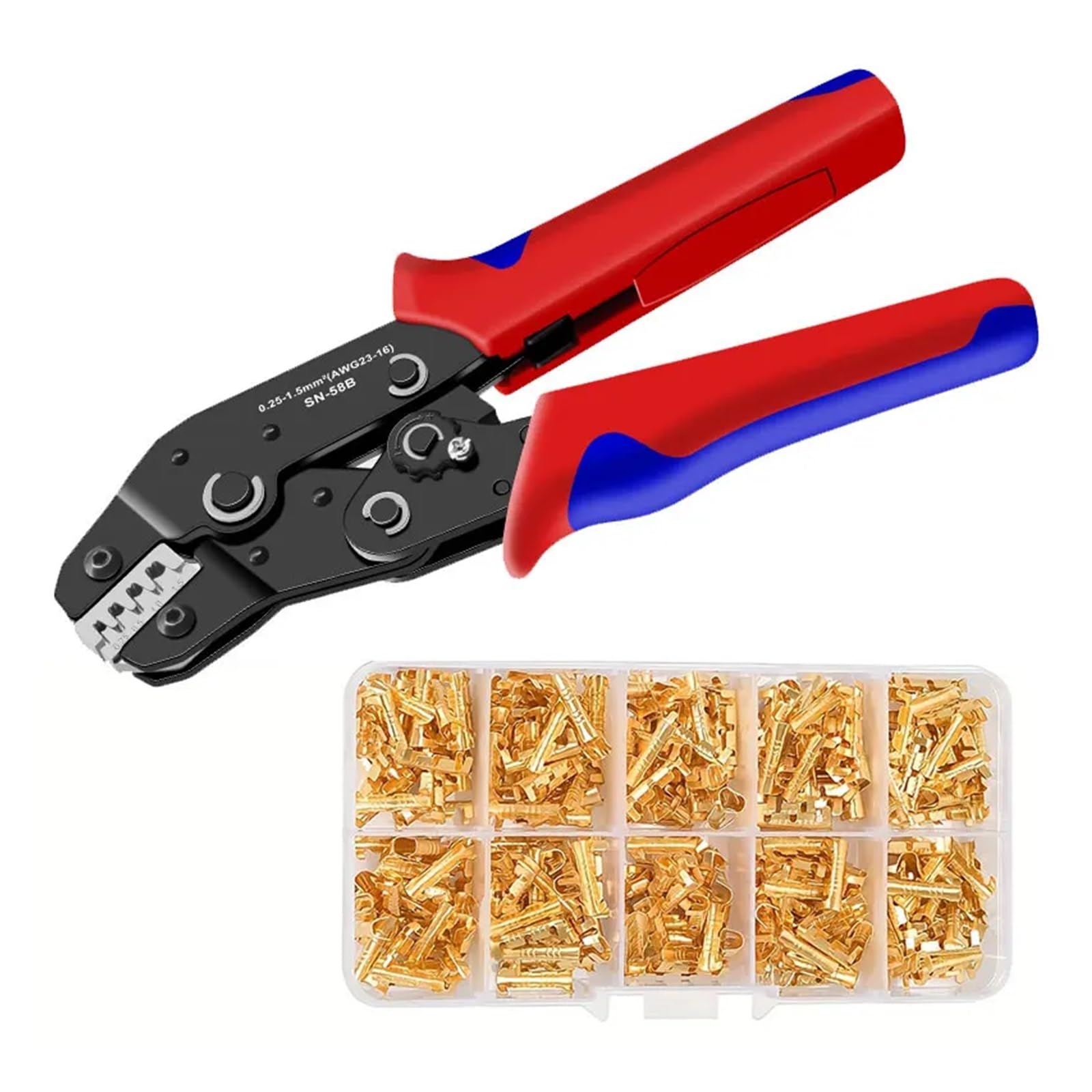 58B Wire Ratchet Crimping Tool Kit 0.25-1.5mm² AWG24-16 300pcs DJ 453 U-Shaped Terminal Set Wiring Repair Pliers(SN-58B 300PCS Butt)