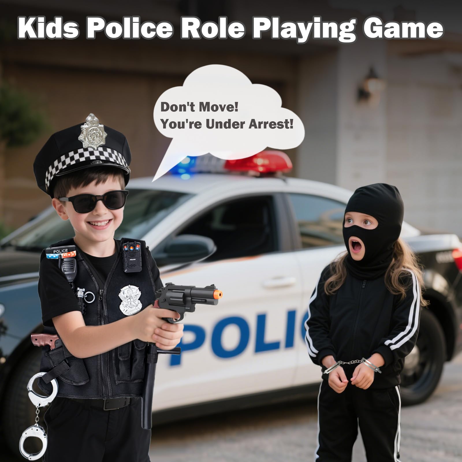Costume Poliziotto Bambino 3 Anni, 17Pezzi Accessori Polizia con Cappello Poliziotto, Gilet e Manette Giocattolo, Gioco di Travestimento con Costume Swat Carnevale per Bambini Bambine