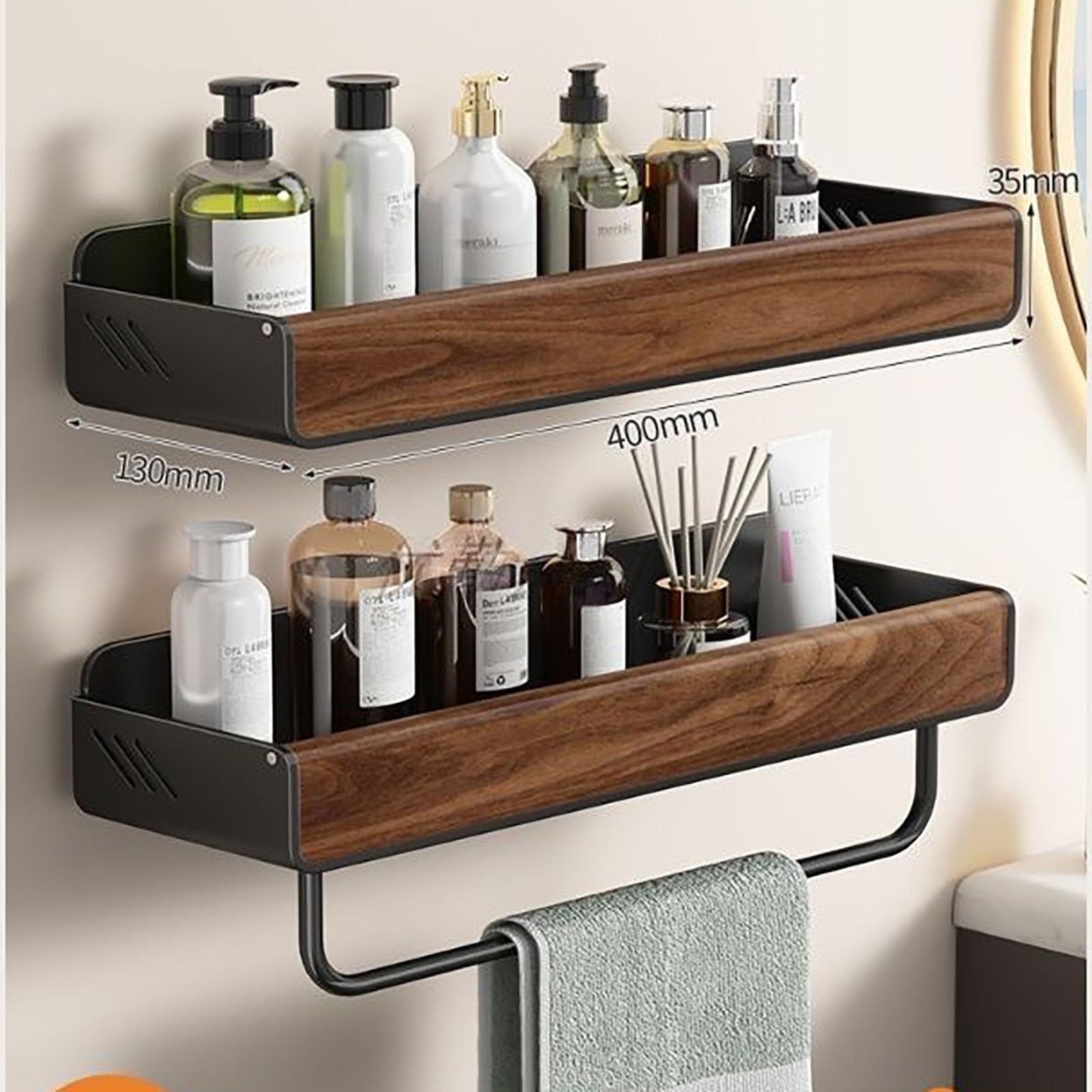 Organizer Da Bagno A Parete Senza Fori, Portasciugamani Doccia In Acciaio Al Carbonio Effetto Legno Per Bagno, Doccia, Cucina(400mm)