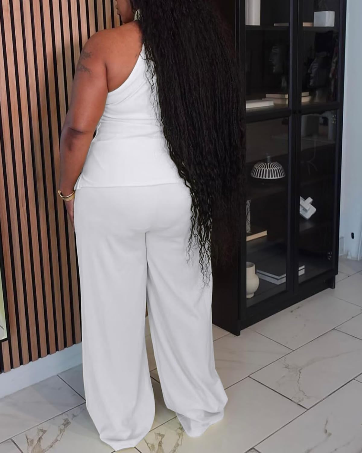 Womens Plus Size Two Piece Outfits Summer Button Halter Neck Vest Tank Tops Wide Leg Pants Suit Matching Sets