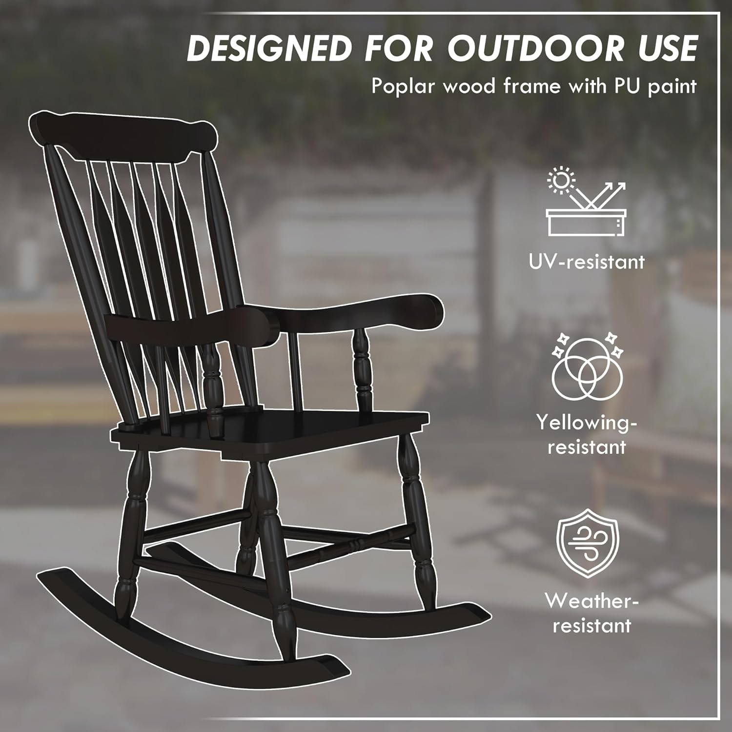 Outdoor Rocking Chairs Set of 2 - Front Porch Rocking Chairs with High Backrest and Armrest, Wooden Rocking Chair with Footrest and Wide Seat for Backyard, Porch, Balcony (Black)