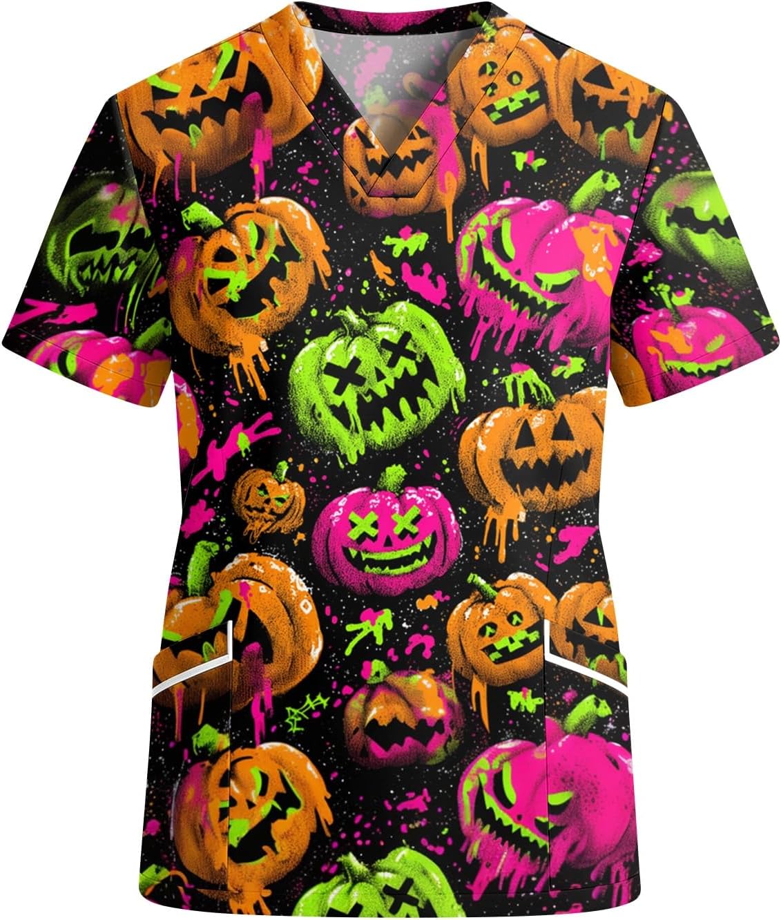 Women's Short Sleeve V-Neck Halloween Tops, Fall Casual Pumpkin Graphic Shirts with Pockets, S-2XL