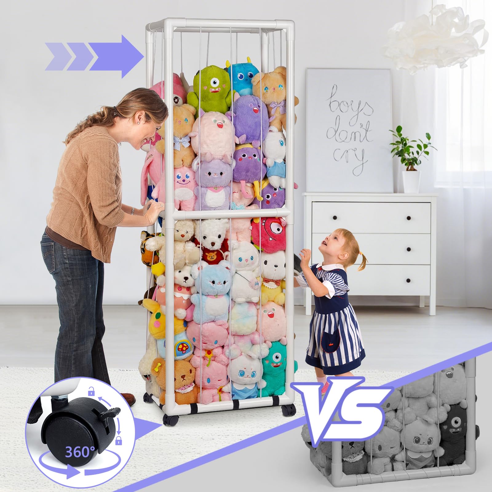 Stofftier Aufbewahrung Kuscheltier Aufbewahrung mit 360°Rollen Plüschtier Aufbewahrungs Stofftiere aus PVC Extra große Vertikale Platz Sparen für Organizer kinderzimmer Regal für plüschtiere