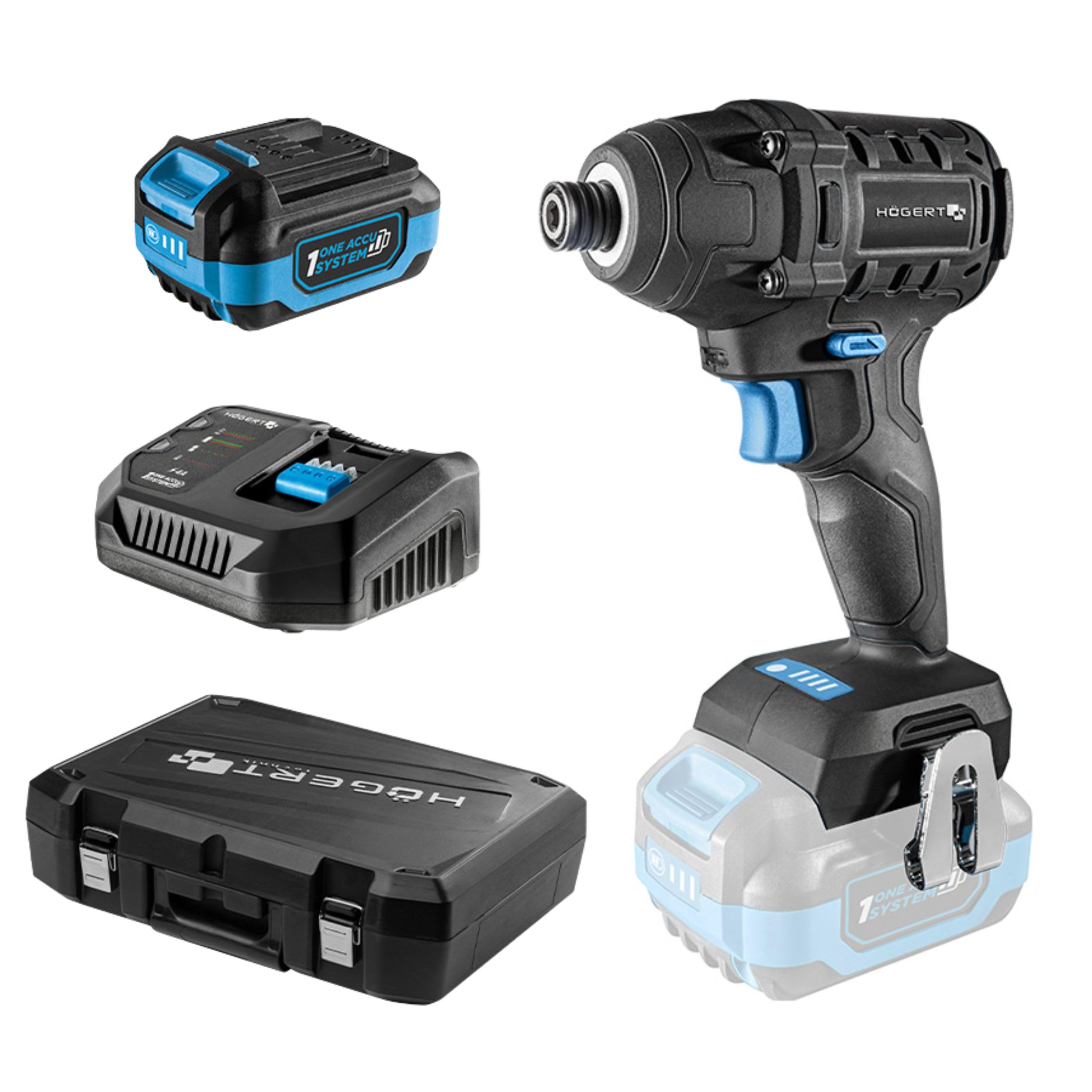 HÖGERT TECHNIK Juego de destornilladores de impacto inalámbricos, 18 V, 200 Nm, par de torsión, batería de 4,0 Ah, cargador de 4 A, maletín, motor sin escobillas, iluminación LED, protección contra