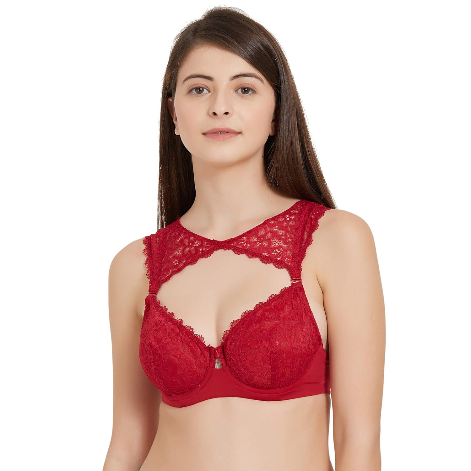 SOIE Women’s Semi/Medium Coverage Non Padded Wired Lace Demi Cup Bra