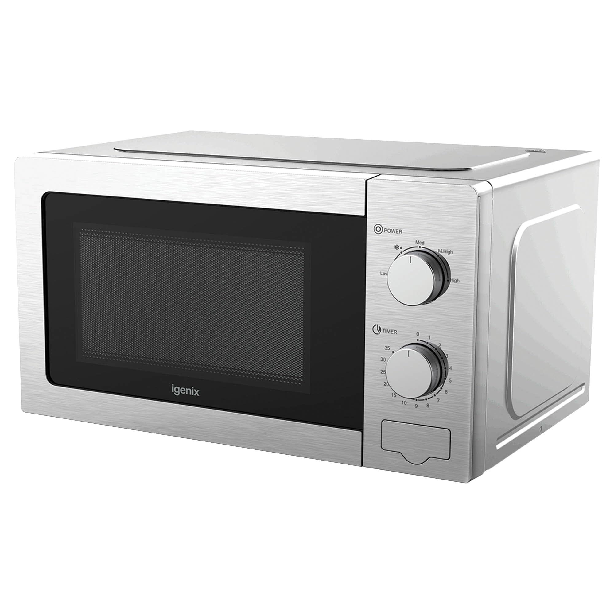 Igenix 20L 800W Stainless Steel Manual Microwave – 5 Power Levels, Defrost Setting, 35-Min Timer, Push Button Door, 255mm Turntable – IGMS02081SS