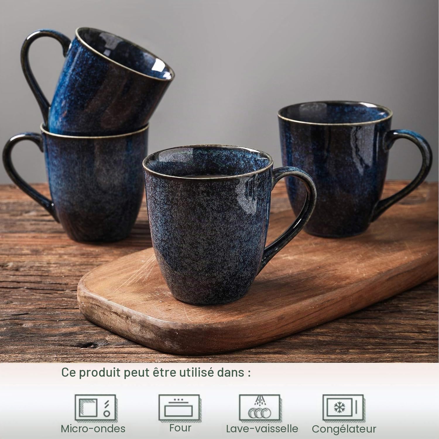 vicrays Lot de 6 tasses à café en céramique émaillée avec poignée pour homme, femme, pour café, thé, lait, cacao, céréales (bleu)