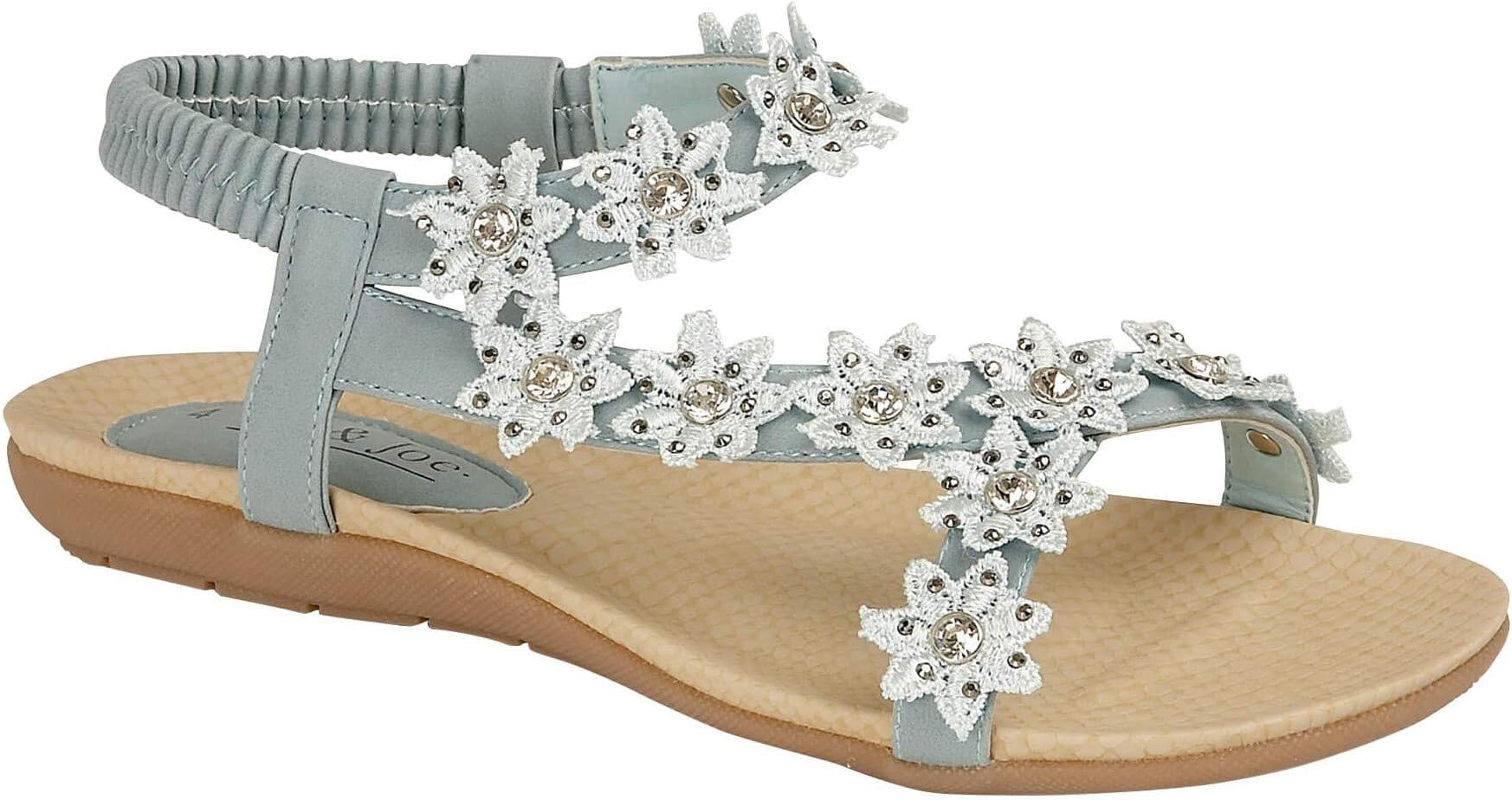 Jo & Joe Womens Ladies Blissful Flat Flower & Diamanté Summer Sandal in Black, Light Blue, Silver or White Size 4,5,6,7,8