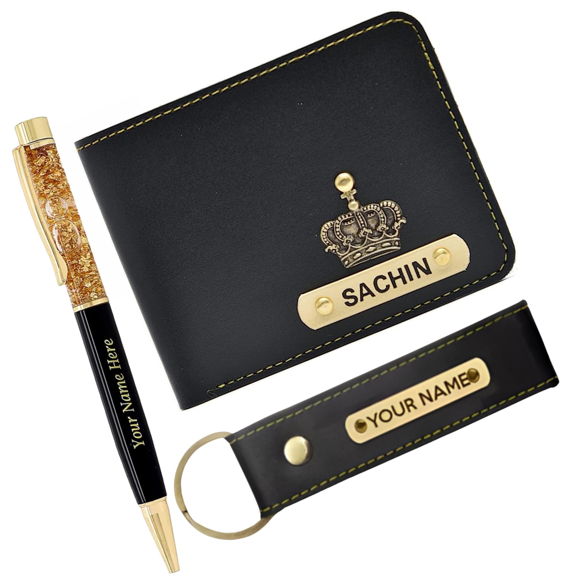 Personalized Wallet for Men with Pen & Keychain | Custom Name Engraved Black Faux Leather Wallet Combo | Gift for Husband, Father, Brother, Boyfriend (Black)-image-43