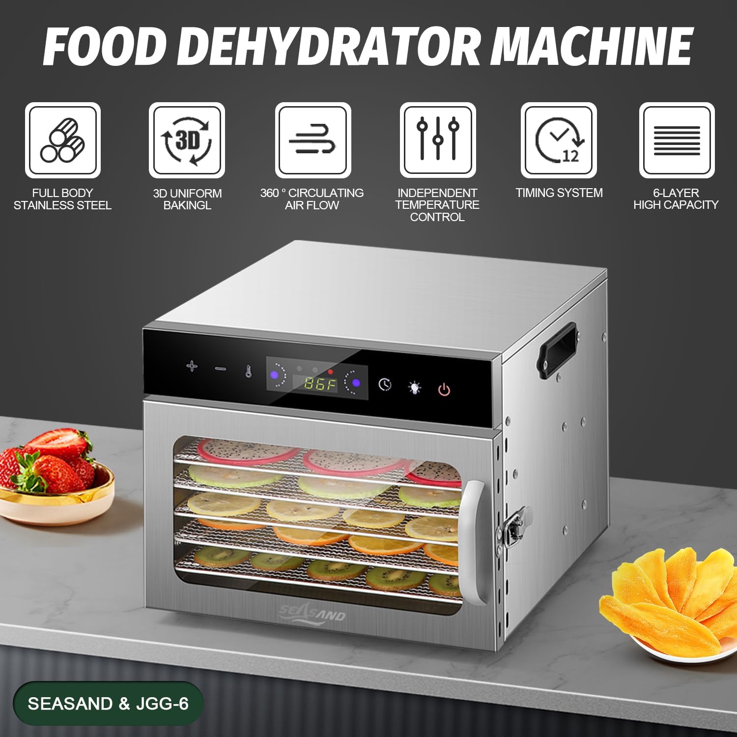 SEASAND Food Dehydrator Machine | 6 Stainless Steel Trays, Independently Control Temperature And Time, Rear-Mounted Fan, 24 Hours Timer - Used For Vegetables, Fruits, Meat, Pet Food