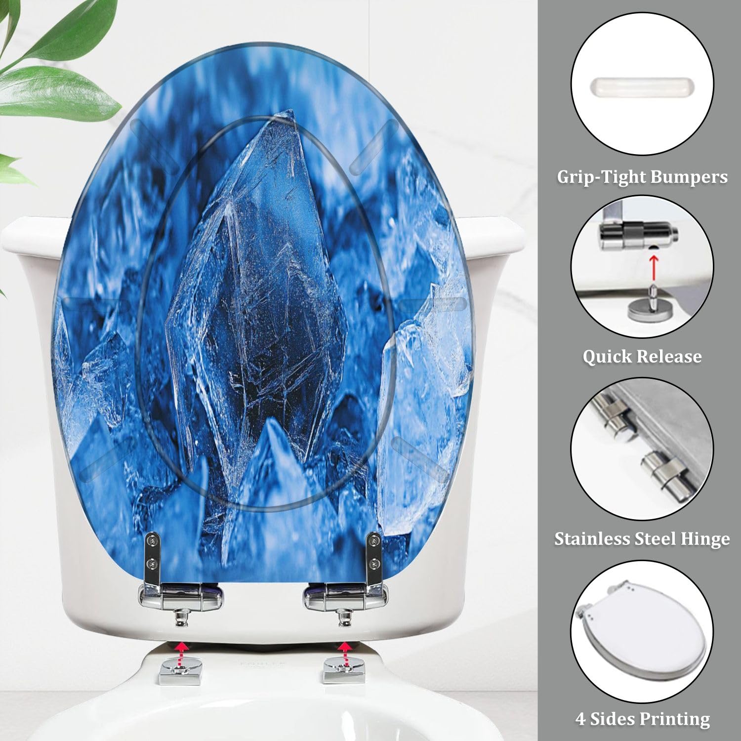 Copriwater allungato con chiusura ammortizzata e cerniere a sgancio rapido, in resina blu vetriolo solfato di rame, decorativo.
