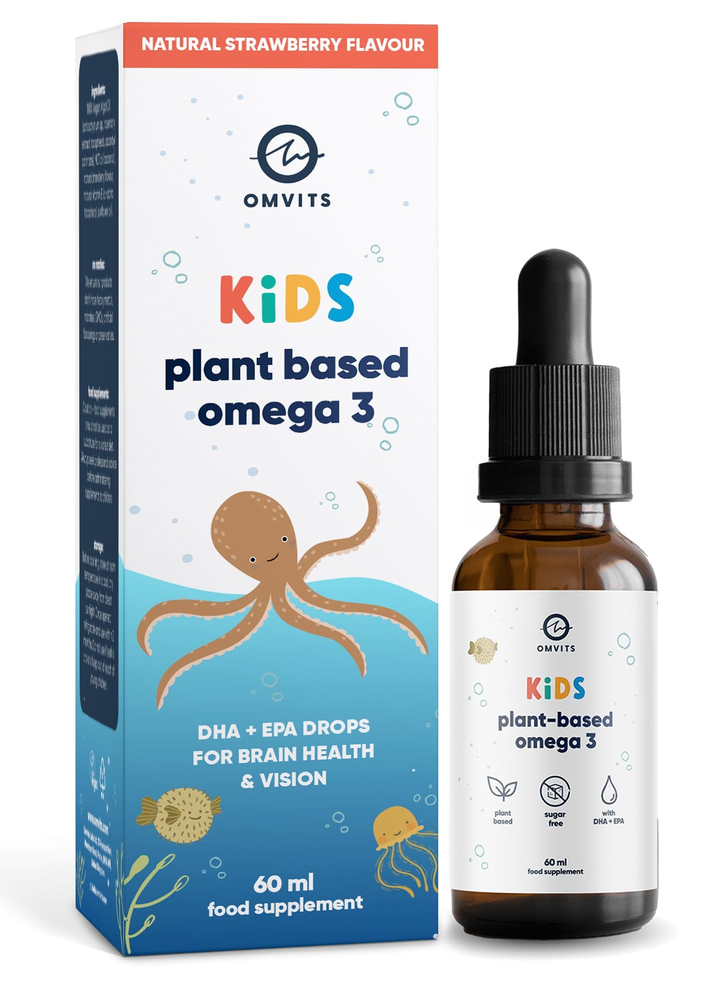 Kids Vegan Omega 3 Liquid DHA + EPA from Algae Oil - Strawberry Flavour - Sugar, GMO & Carrageenan Free - Omega 3 Vegan Supplement for Kids 3 Months to 6 Years Old
