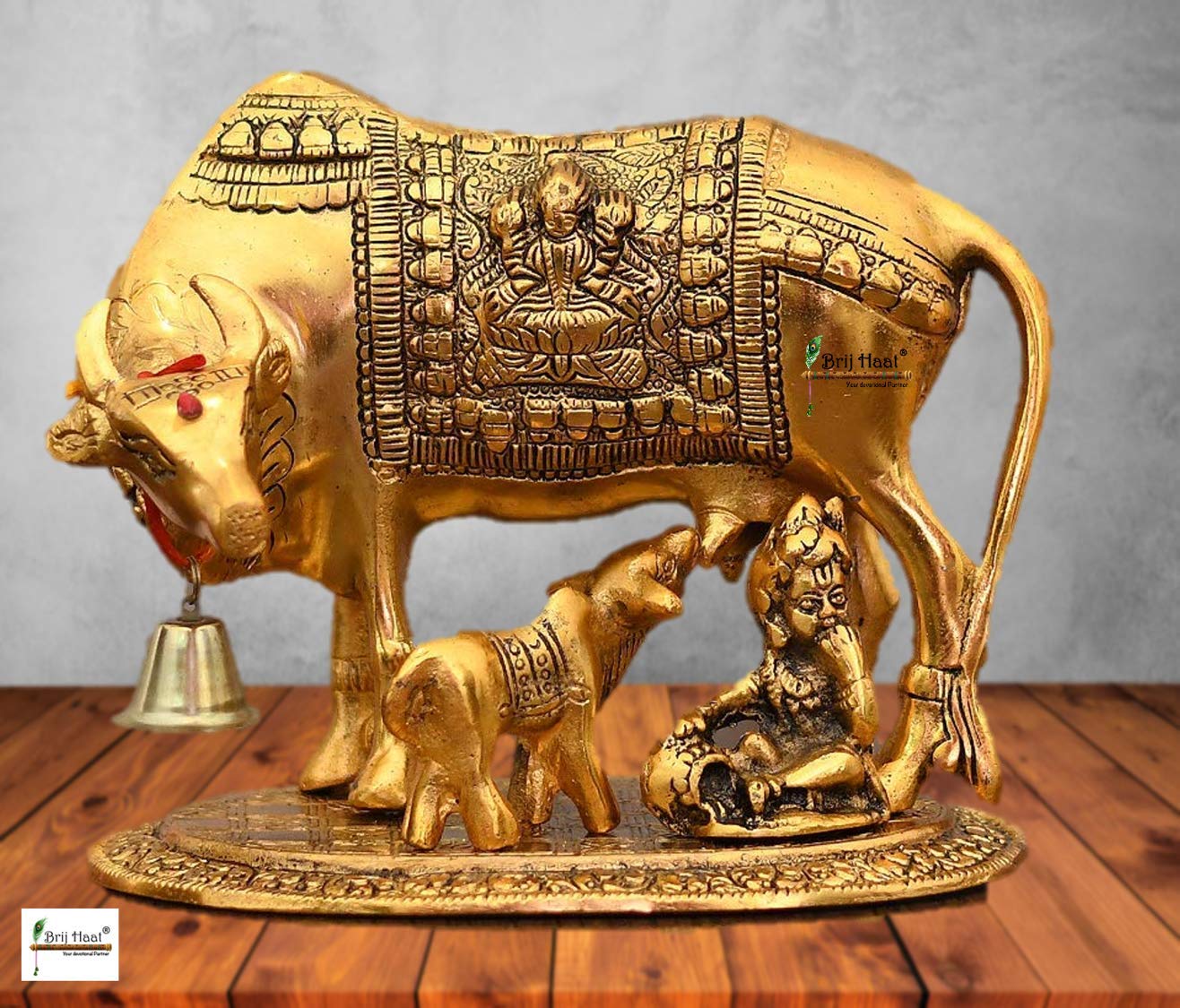 BRIJ HAAT Metal Kamdhenuu Cow and Calf with Gopal Showpiece Big @23cm Gold