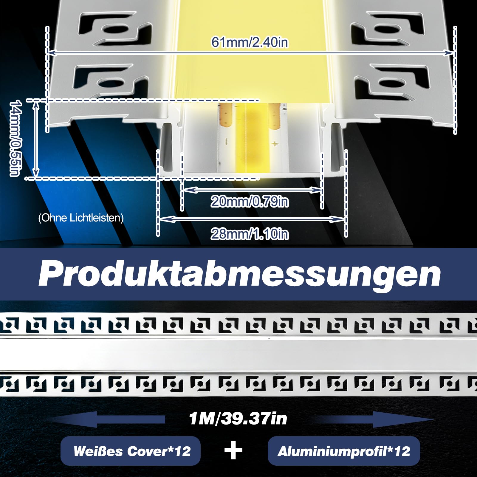 Profilo LED per cartongesso, 12/20 x 1 m (12/20 m), profilo in alluminio per strisce LED fino a 20 mm di larghezza, profilo in alluminio, binario da incasso e diffusore per illuminazione