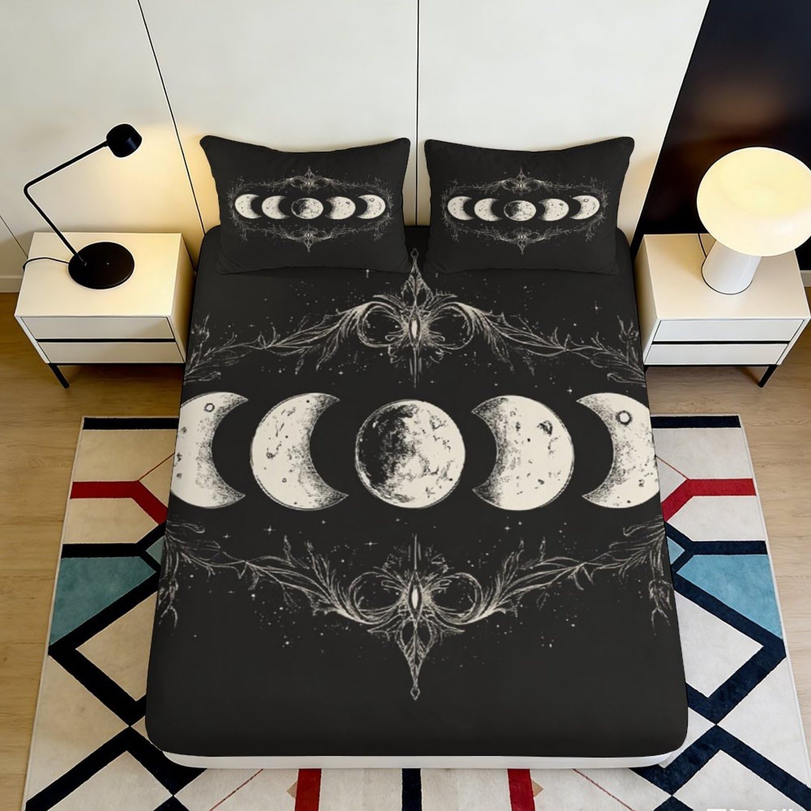 3D Printed Moon Phase Fitted Sheet Microfiber Black Gothic Mattress Cover Celestial Decor for Bedroom Guest Room 90x200x25cm