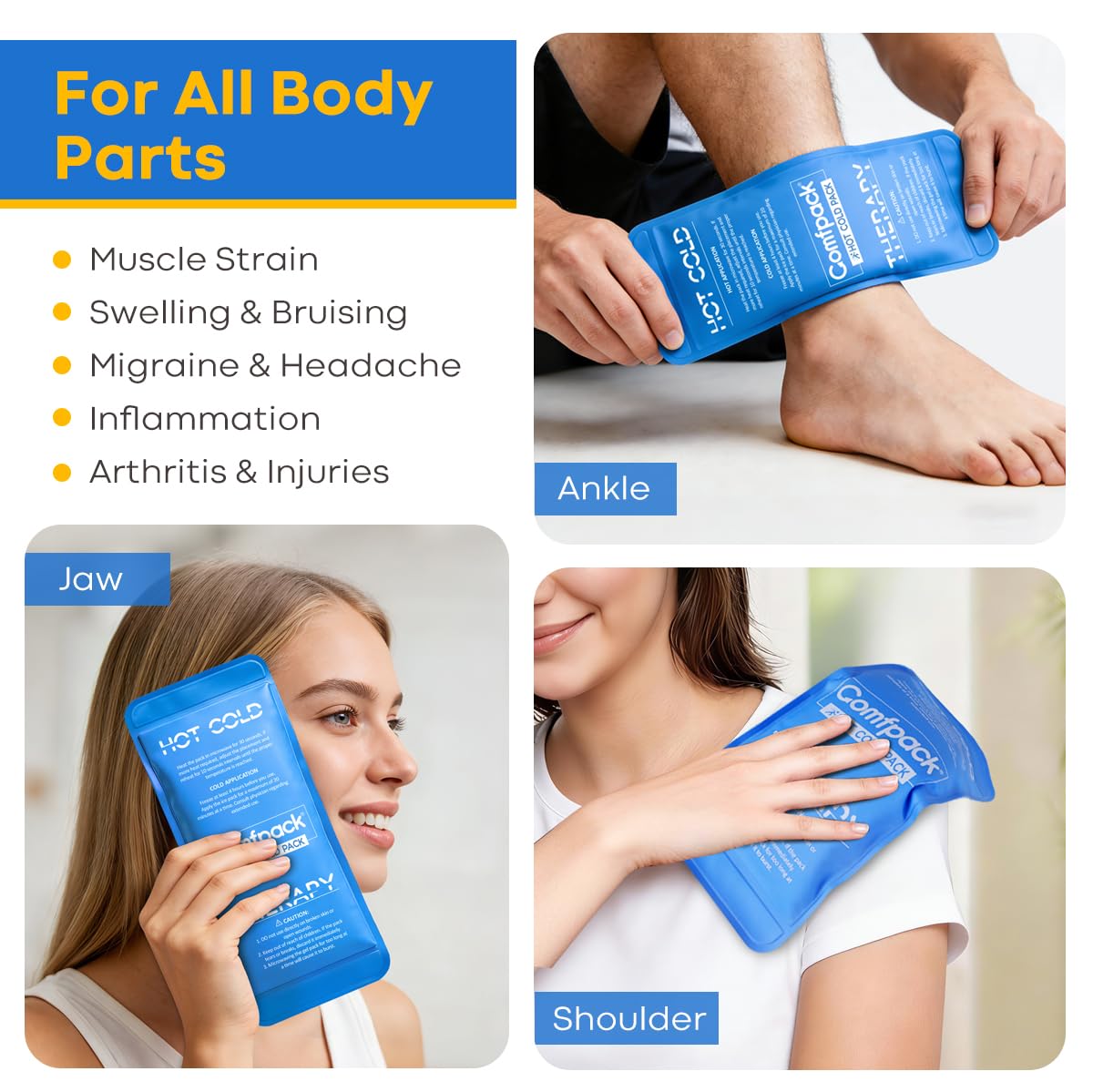 Comfpack Impacchi di ghiaccio riutilizzabili per lesioni, confezione da 2 confezioni di ghiaccio in gel flessibile e morbido, riutilizzabili, per alleviare il dolore muscolare, terapia a freddo per