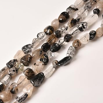 5-8mm Irregular Shape Natural Black Rutilated Quartz Nugget Gemstones Beads Rough Gems Stones Gemstone Loose Beads for Jewelry Making 15" a Strand