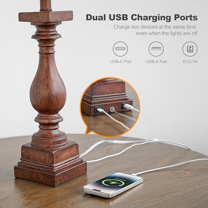 BOBOMOMO BOBOMOMO 27" Farmhouse Living Room Lamps with USB-A +C Ports, Vintage Rustic Bedside Night Stand Lamps Set of 2, Linen Shade, Retro Side Table Lamps for Living Room, Bedroom, Office, Home Decor photo 6