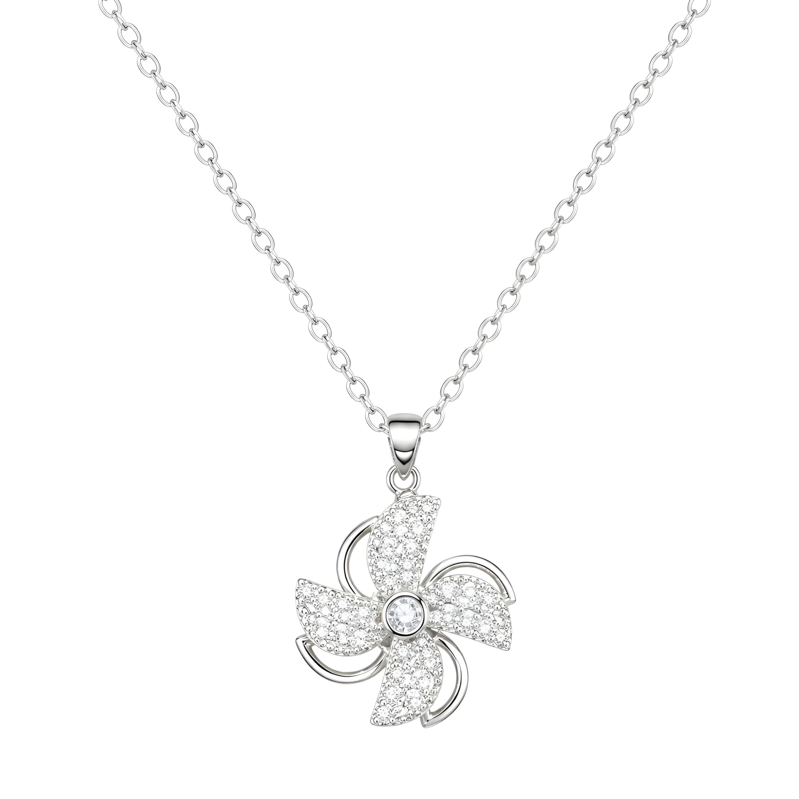 Dainty Rotating Pinwheel Pendant Necklace for Women – Sterling Silver Tone Windmill Charm with Sparkling Cubic Zirconia – Elegant Flower Spinner Jewelry for Her – Romantic Anniversary or Birthday Gift And Stress relife Necklace-image-9