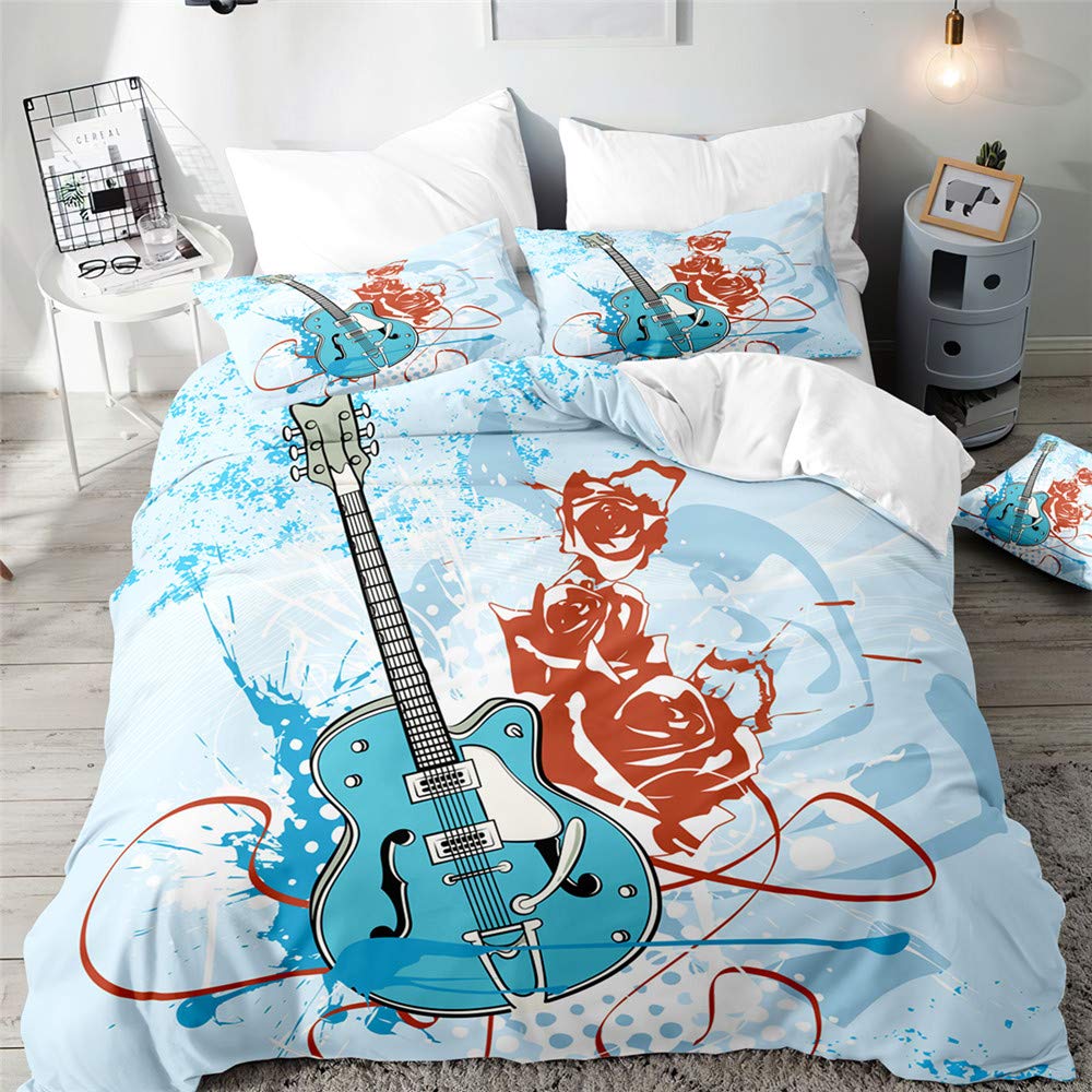 Surwin Men's Blue Bedding Set Microfiber 3Pcs For Double Single Size, 3D Guitar Duvet Cover Set With Music Printing Quilt Cover & 2 Pillowcases For King Super King Adult Kids (,Double 200X200cm)