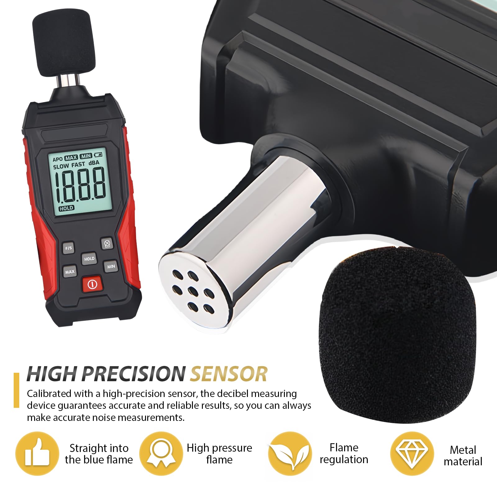 Medidor de decibelios profesional con almacenamiento de datos | Medidor de nivel de sonido digital portátil | Medidor de nivel de sonido 30 – 130 dB (A/C) para casa, obra, oficina | Iluminación LCD