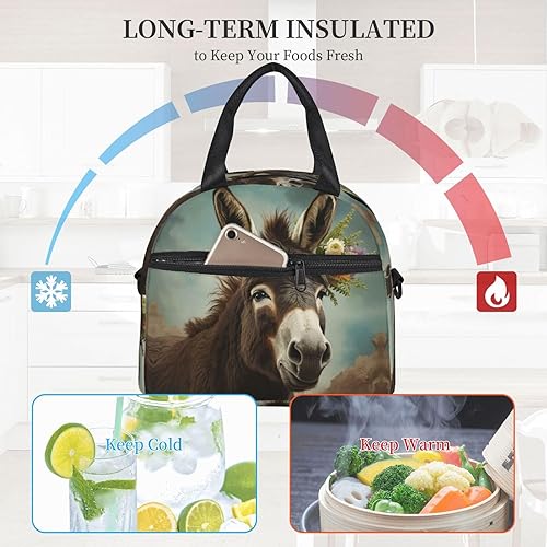 Miniatura 5 de Bolsa de almuerzo con estampado de animales de burro para mujeres y hombres, reutilizable, aislada, impermeable, bolsa enfriadora para picnic y