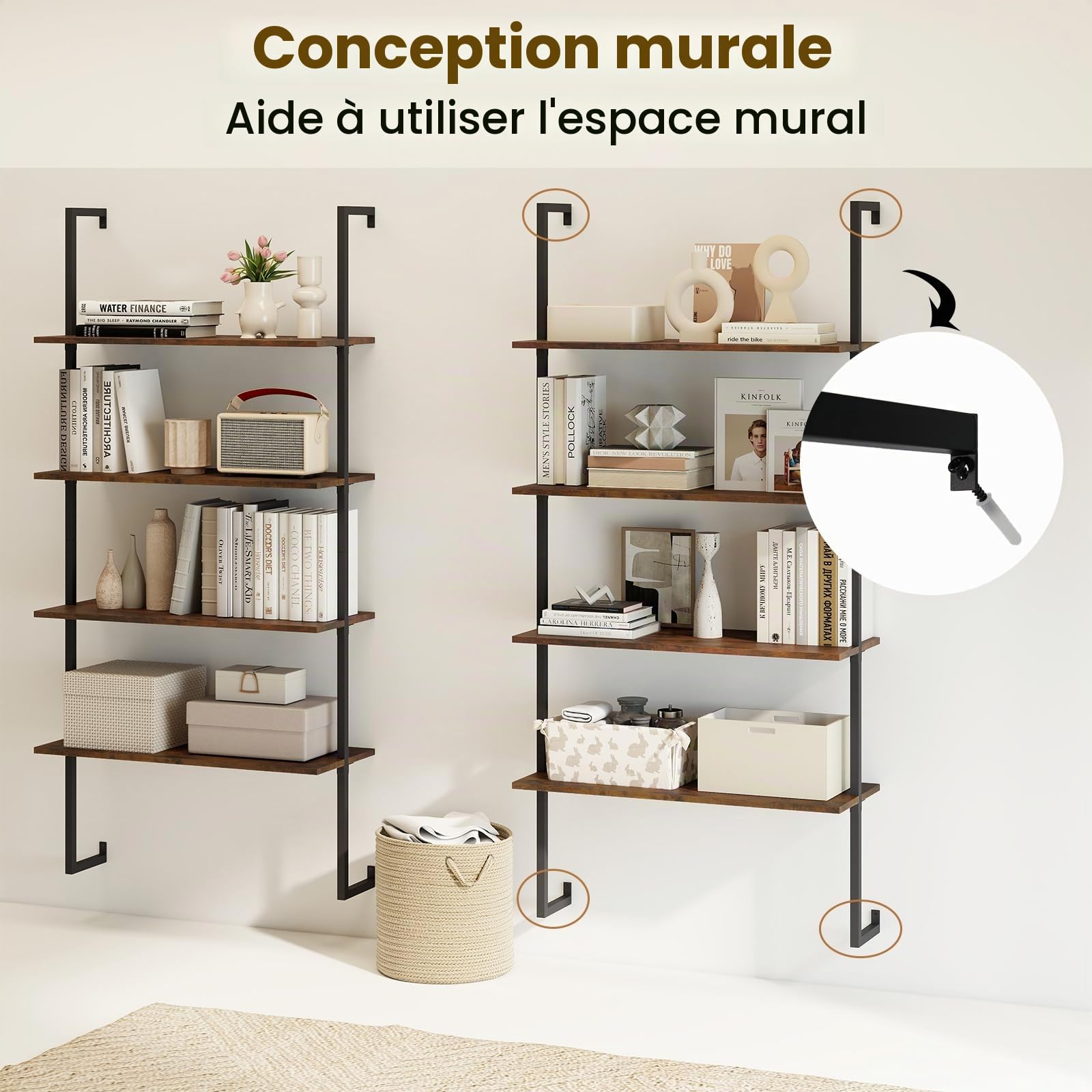 GIANTEX Bibliotheque Murale à 4 Niveaux, Effet Bois, Etagere Bibliotheque Ouverte avec Structure Métallique, Etagere Salon Gain de Place, Style Industriel, pour Salon, Cuisine, Chambre, Bureau