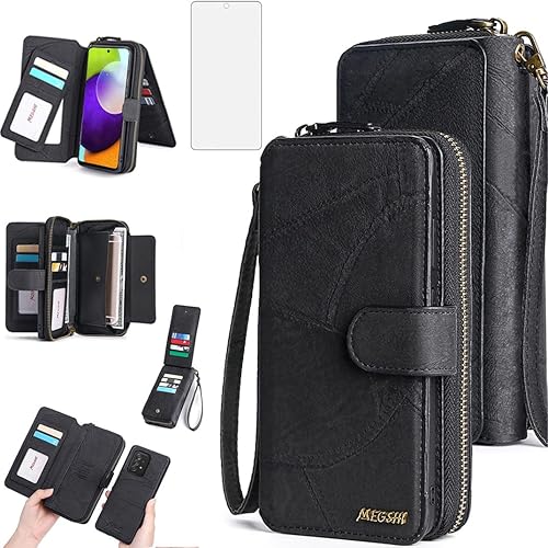 Asuwish Funda de teléfono para Samsung Galaxy A52A52S 5G con cremallera, funda desmontable con protector de pantalla y soporte de cuero para tarjeta