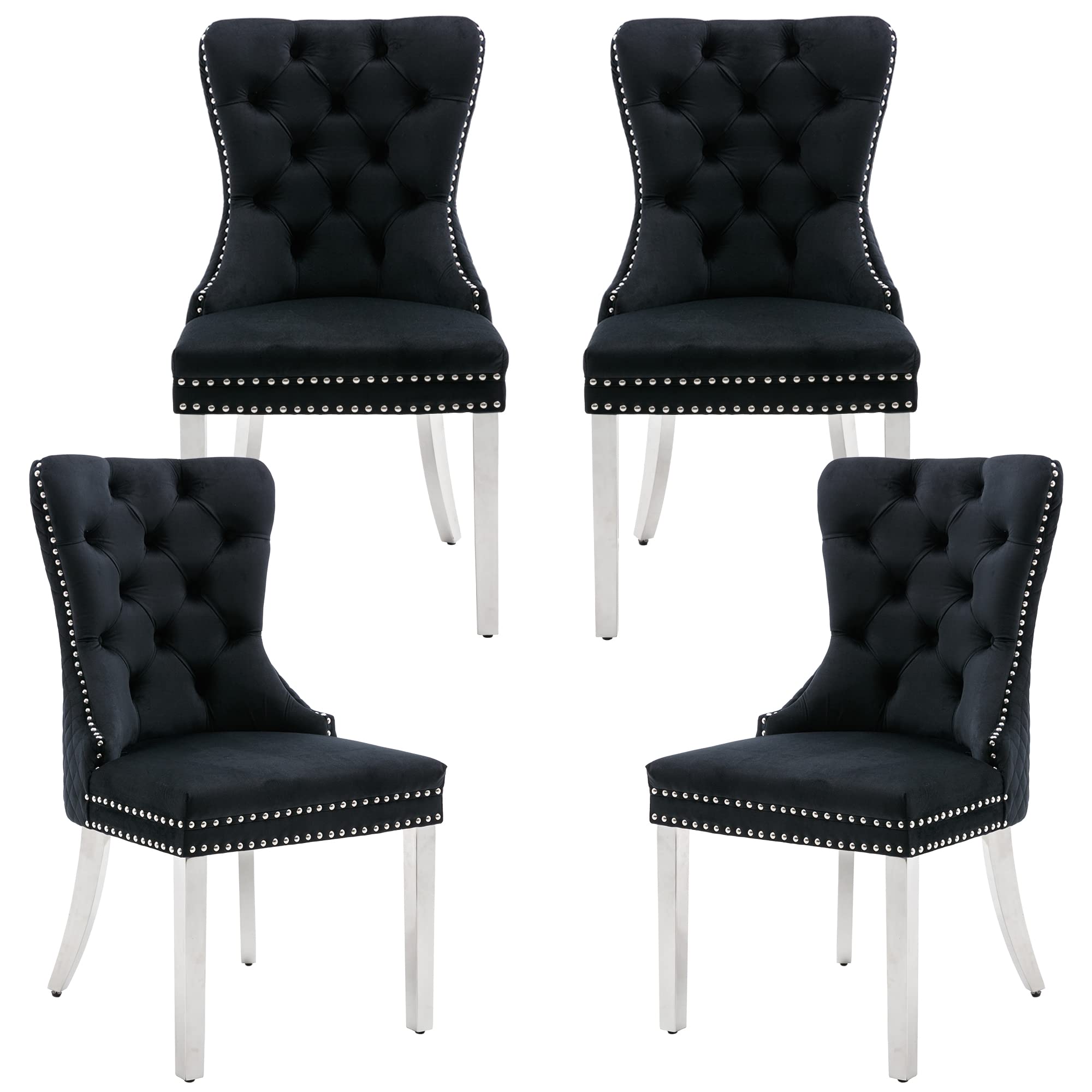civama Dining Chairs Set of 4, Elegant Luxury Velvet Tufted Dining Chairs Silver Legs & Nailhead Trim, Back Lion Head Pull Ring & Rhomboid Pattern,
