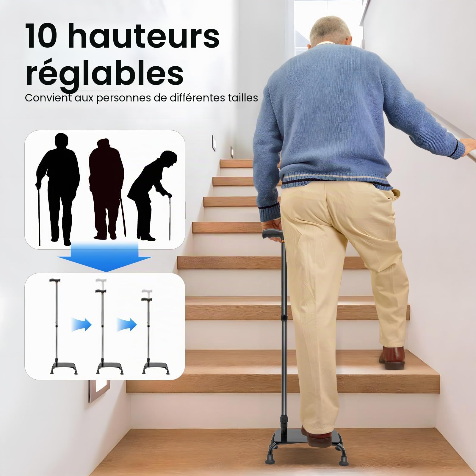 Canne d'escalier réglable en aluminium et fer avec base pour personnes âgées et aide à la mobilité (max. 150 kg)