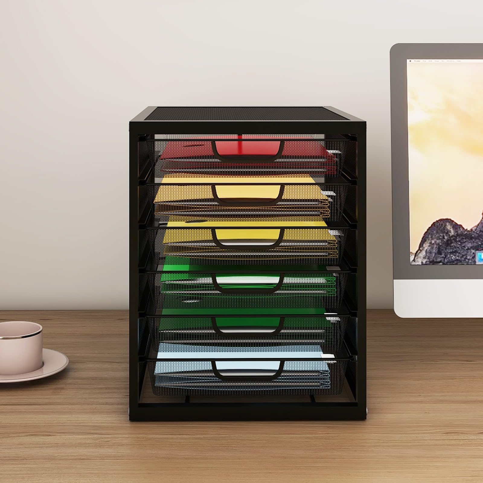PUNCIA Mesh File Organiser Box 6 Drawers Desktop Paperwork Organiser Office Supplies and Accessories Stationery Storage A4 Paper File Binder Letter Tray Metal Filing Box for Home Office Black