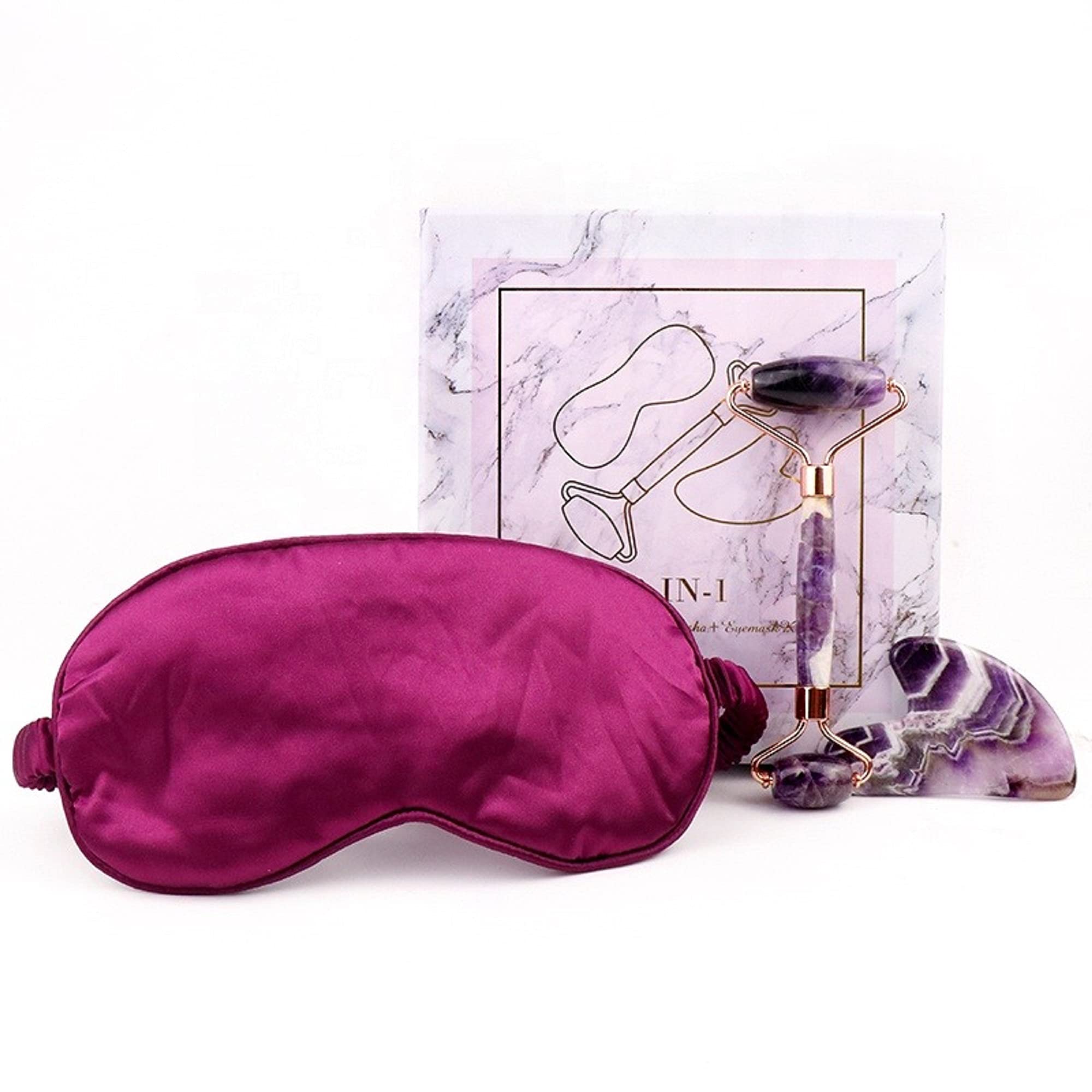 Dawsh - Face Roller Gua Sha Set with Luxury Sleeping Face Mask - 3 in 1 Facial Spa Gift Box made of 100% Authentic Crystal – Anti Aging Device & Skin Care Tool Kit (Purple Amethyst Jade)