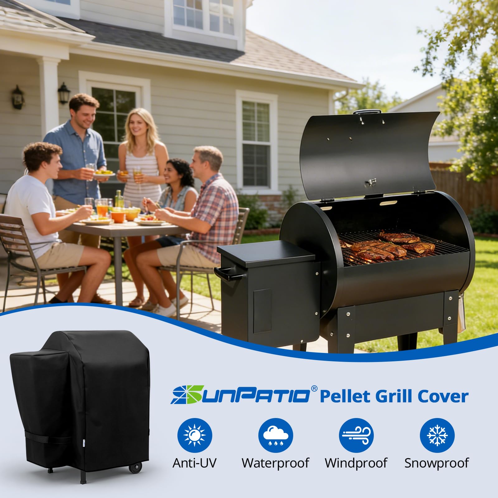 SunPatio Outdoor Heavy Duty Waterproof Grill Cover for Traeger 20 Series Wood Pellet Grill and Smoker, Junior, Tailgater and More, Full Length Barbecue Grill Cover, All Weather Protection, Black