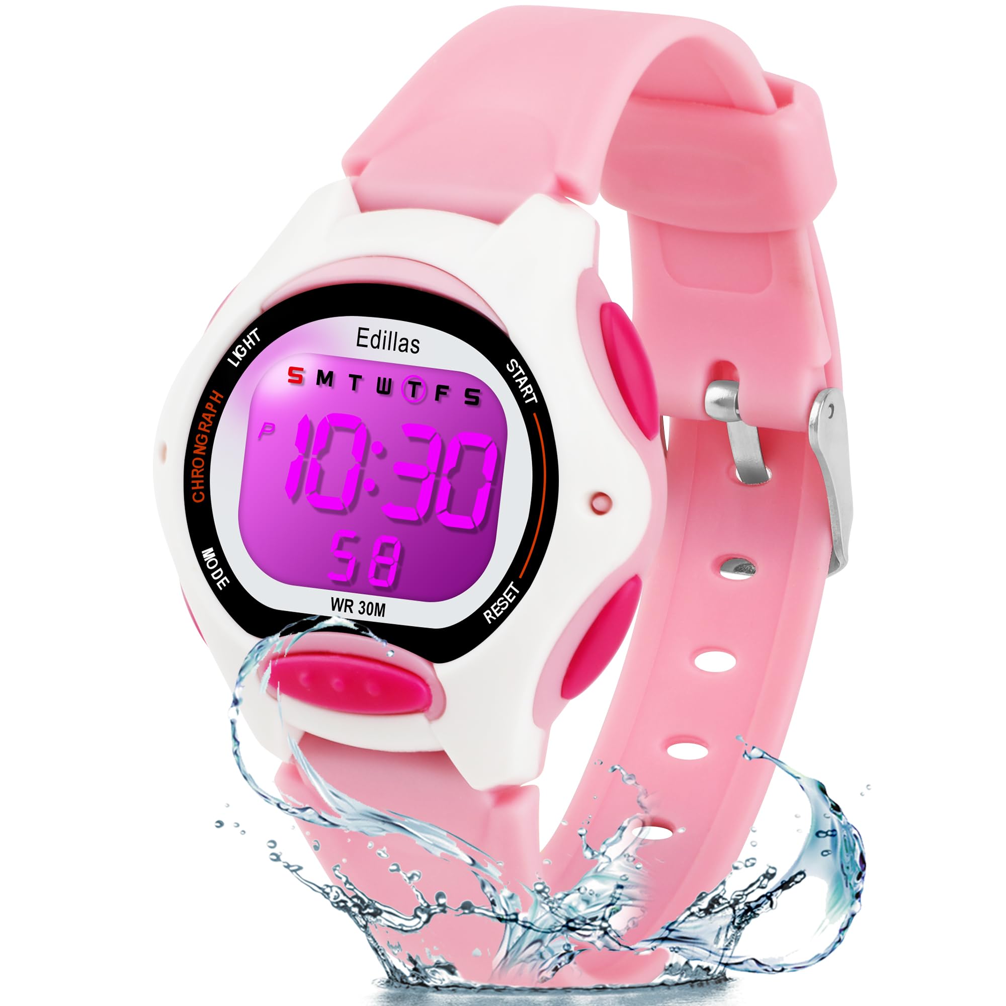 Edillas Kids Digital Watch with 7 Color LED Light, Kids Toys Wristwatch, Children's Jewelry,School Gifts for Boys Girls, Built-in Battery, Long Lasting Batteries. (Light Pink)