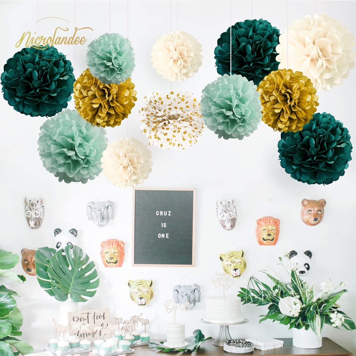 NICROLANDEE Wedding Party Decorations - 12 PCS Green Ivory Tissue Paper Pom Poms for Neutral Baby Shower, Vintage Party, Birthday, Bridal Showers, Rustic Wedding Decorations : Home & Kitchen