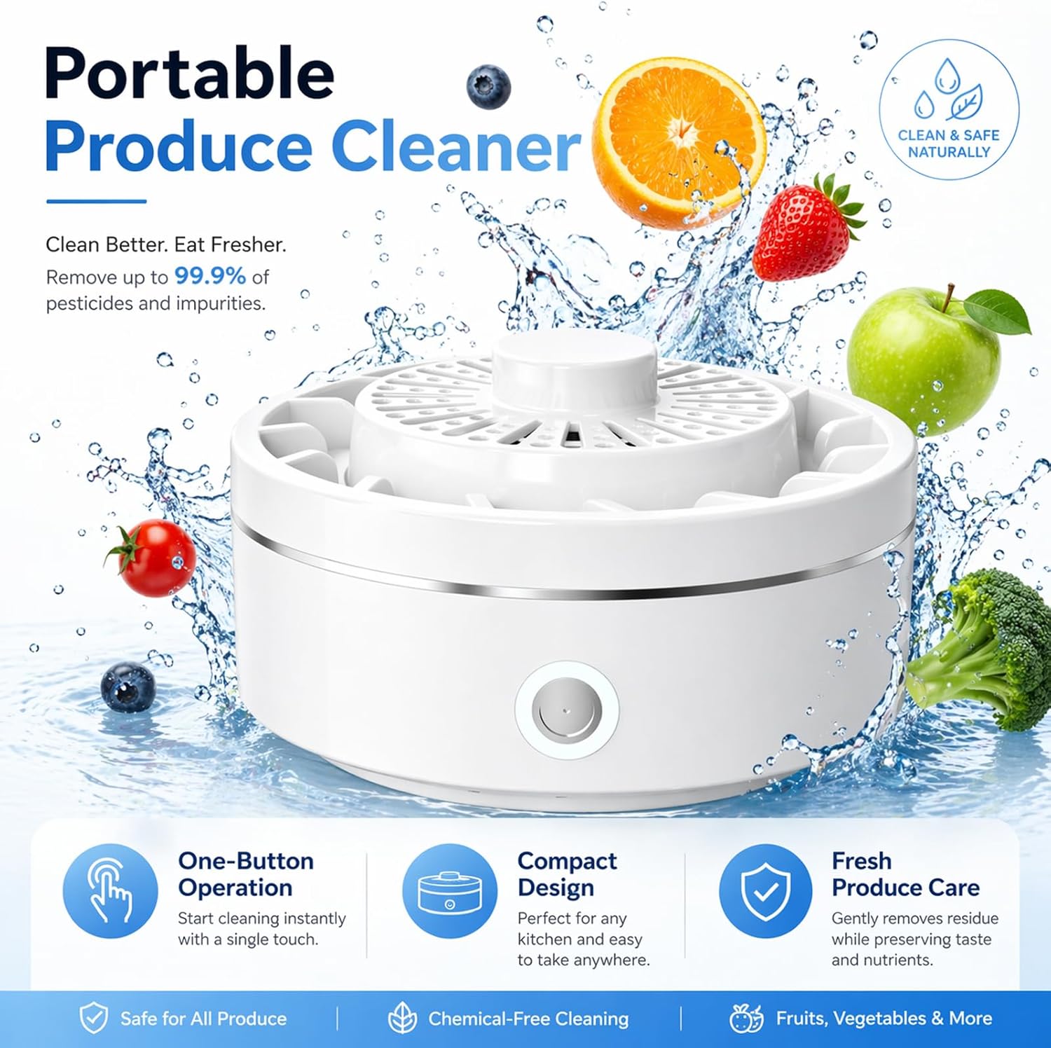 Fruit & Vegetable Cleaner, Portable Wireless Fruit and Vegetable Washing Machine, 3-Minute Clean, Electrolysis Purifier Technology, Waterproof for Washing Fruits, Rice, Meat (White)
