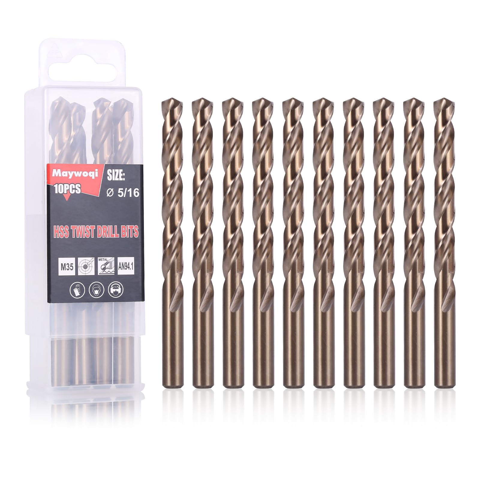 M35 Lot de 10 forets en cobalt 5/16" entièrement mis à la terre 5 % cobalt pour métaux durcis, acier inoxydable, fonte et plastique en bois, avec boîte de rangement