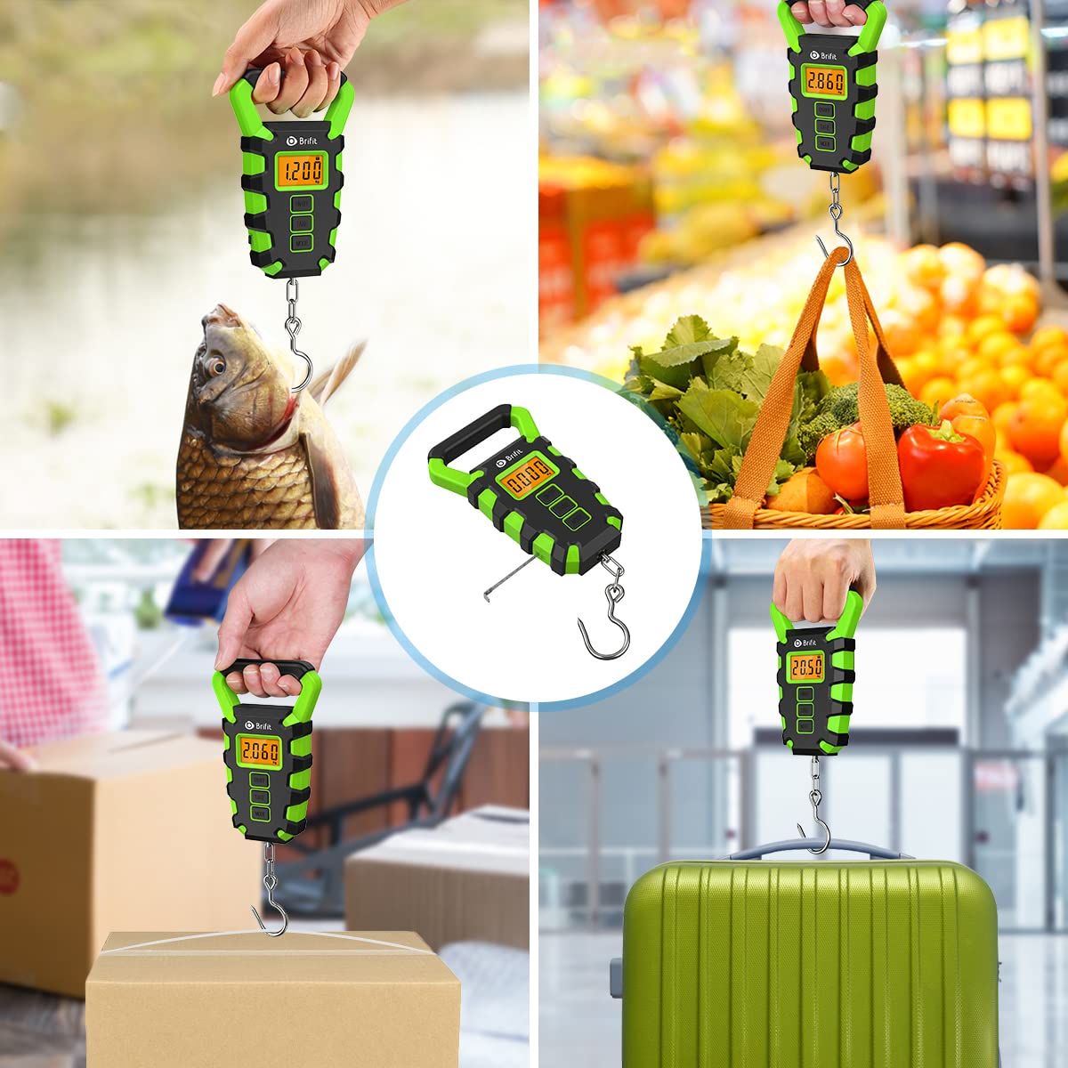 Brifit Pesca Digital, Báscula Electrónica para Equipaje, Báscula de Gancho Colgante Postal de Pesca Máxima de 55 kg con Cinta Métrica, Pantalla LCD Retroiluminada - Verde