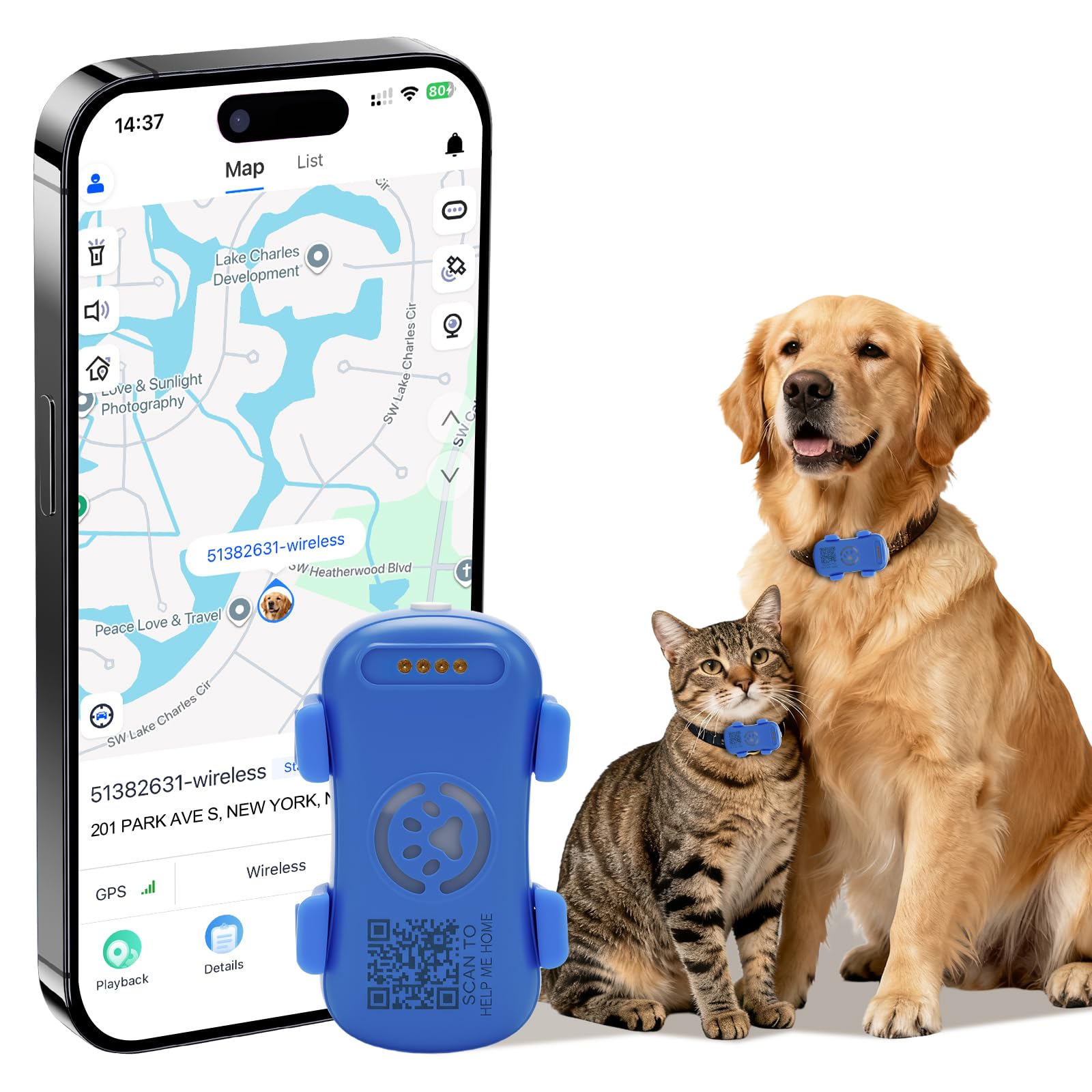 GPS Tracker for Dogs & Cats Pet GPS Location Tracker with Smart Alerts & Location History Geo-Fence Real-Time Waterproof iOS & Android Subscription Required （5-Day Free Trial）