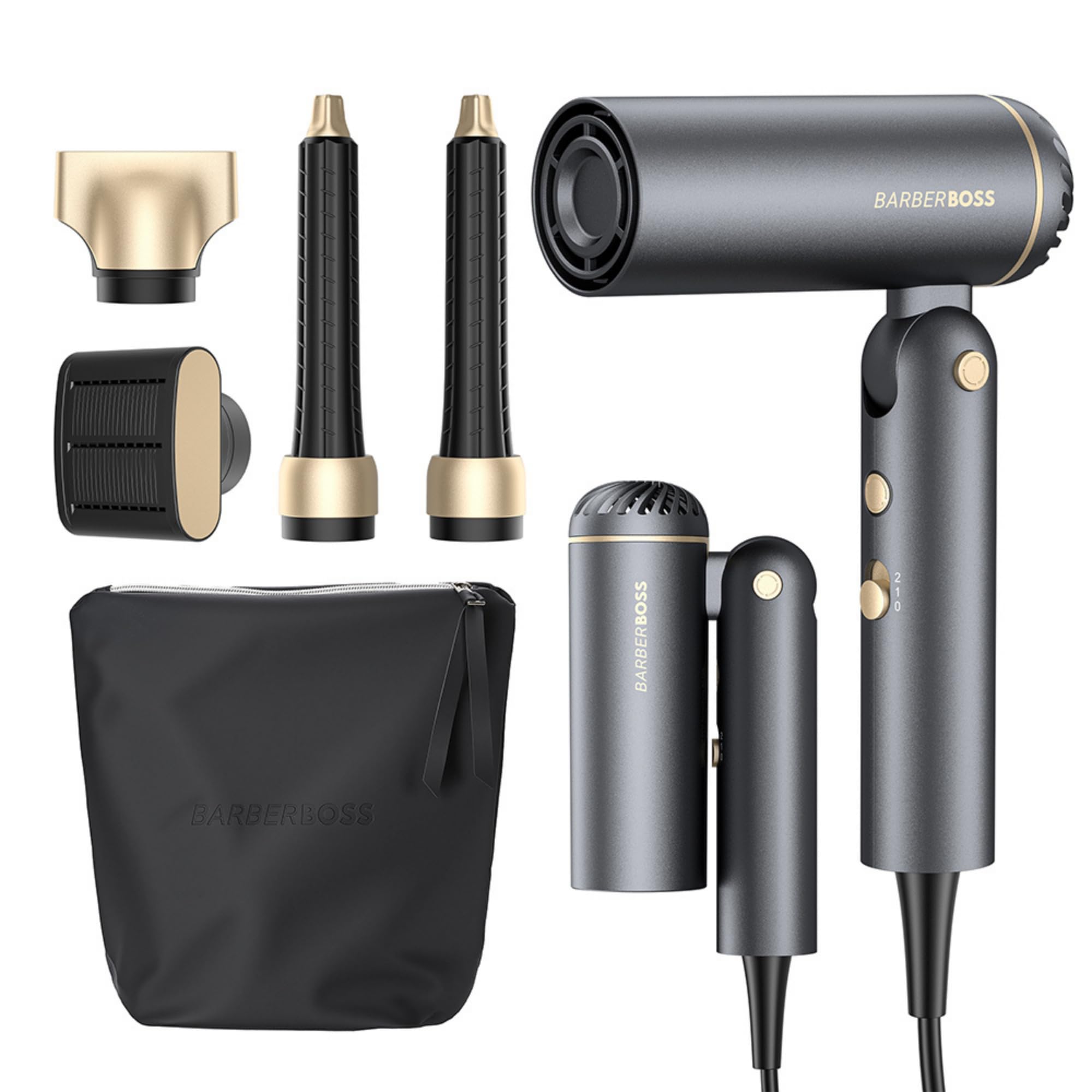 BarberBoss Sèche-cheveux, styler à air chaud, anti-frisottis, ions négatifs, sèche-cheveux et fer à friser pliable, moteur haute vitesse, outil de coiffure de voyage, styler à séchage rapide, QR-8850